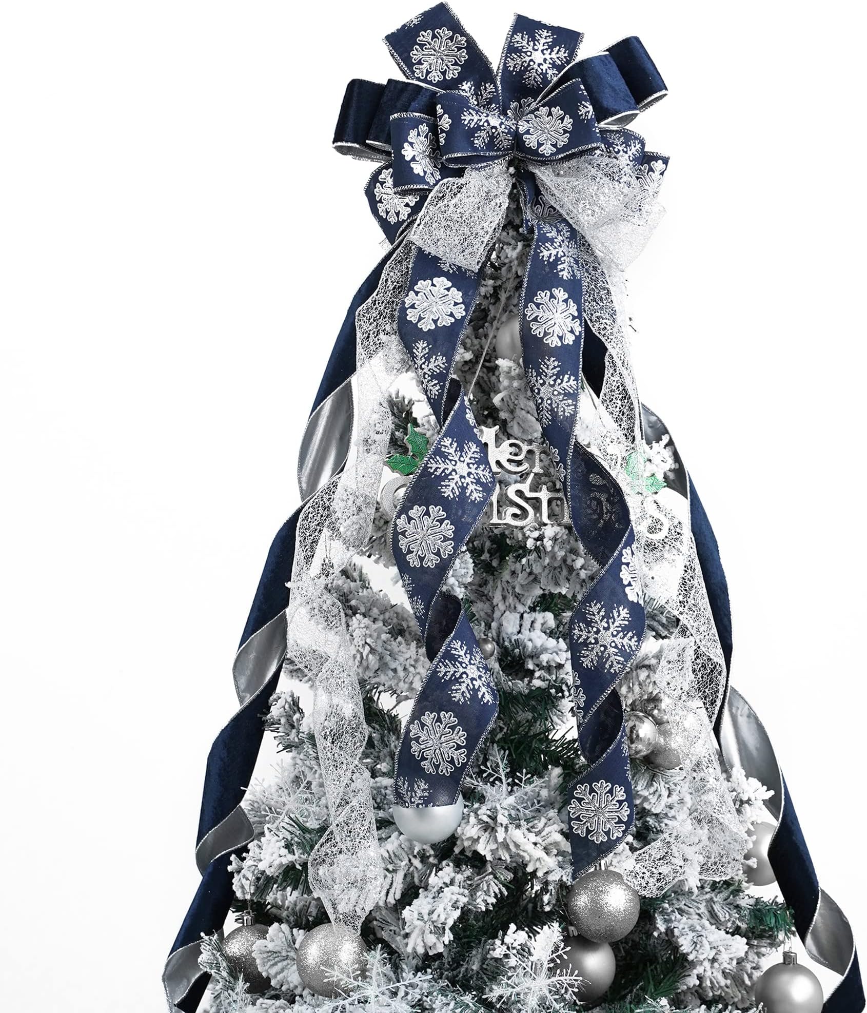 MEEDEE Navy Blue Tree Topper - 12 inch Wide Silver Glitter Yule Tree Wreath Bow - Christmas Decorations - Silver Snowflake Garland Bow - Holiday Lantern (1 Pack)