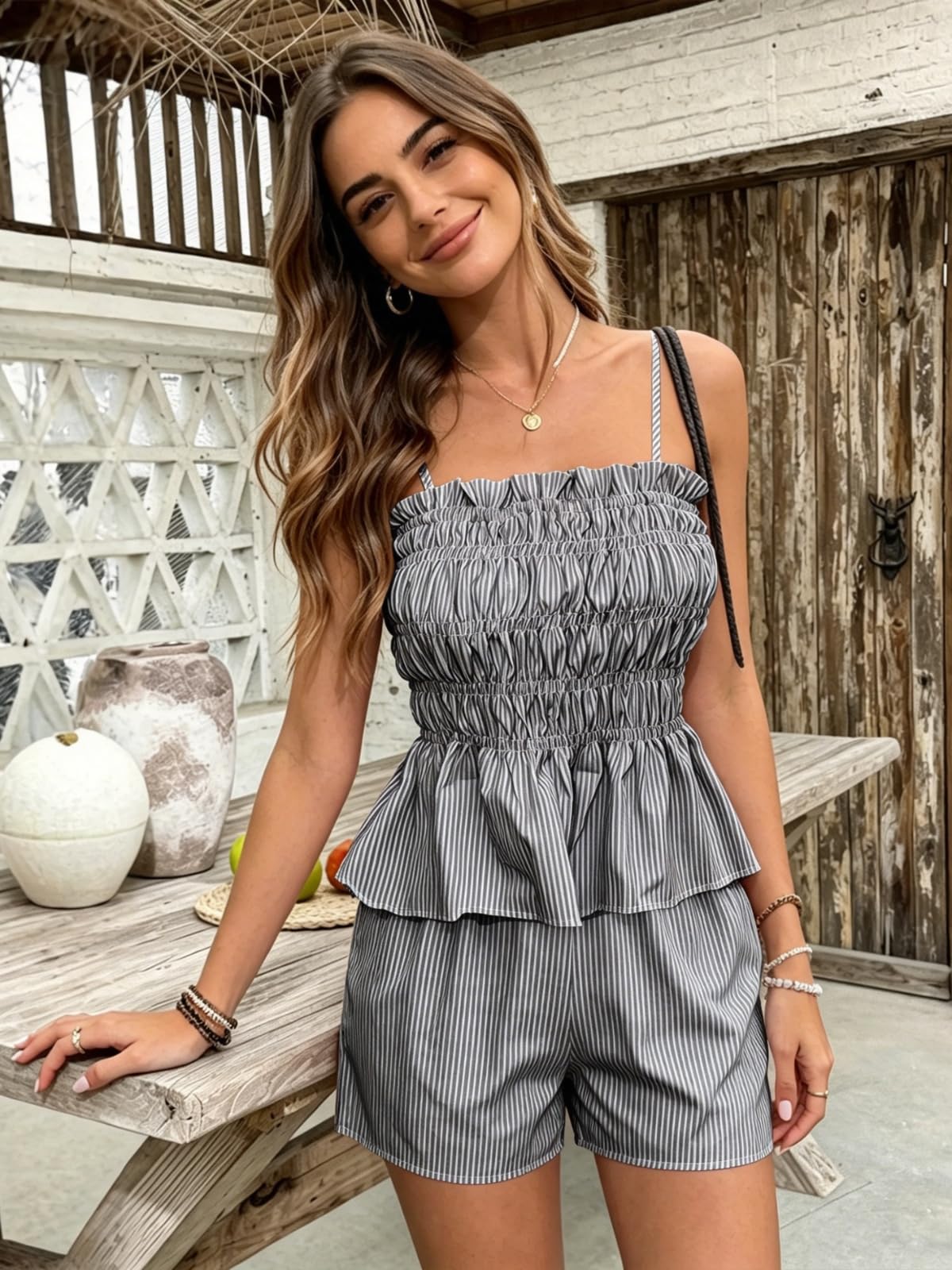Ensemble Femme 2 Pièces Ete Chic Short avec Poches Haut Bretelles e Bermuda des Rayures Décontracté Slim Fit Sexy