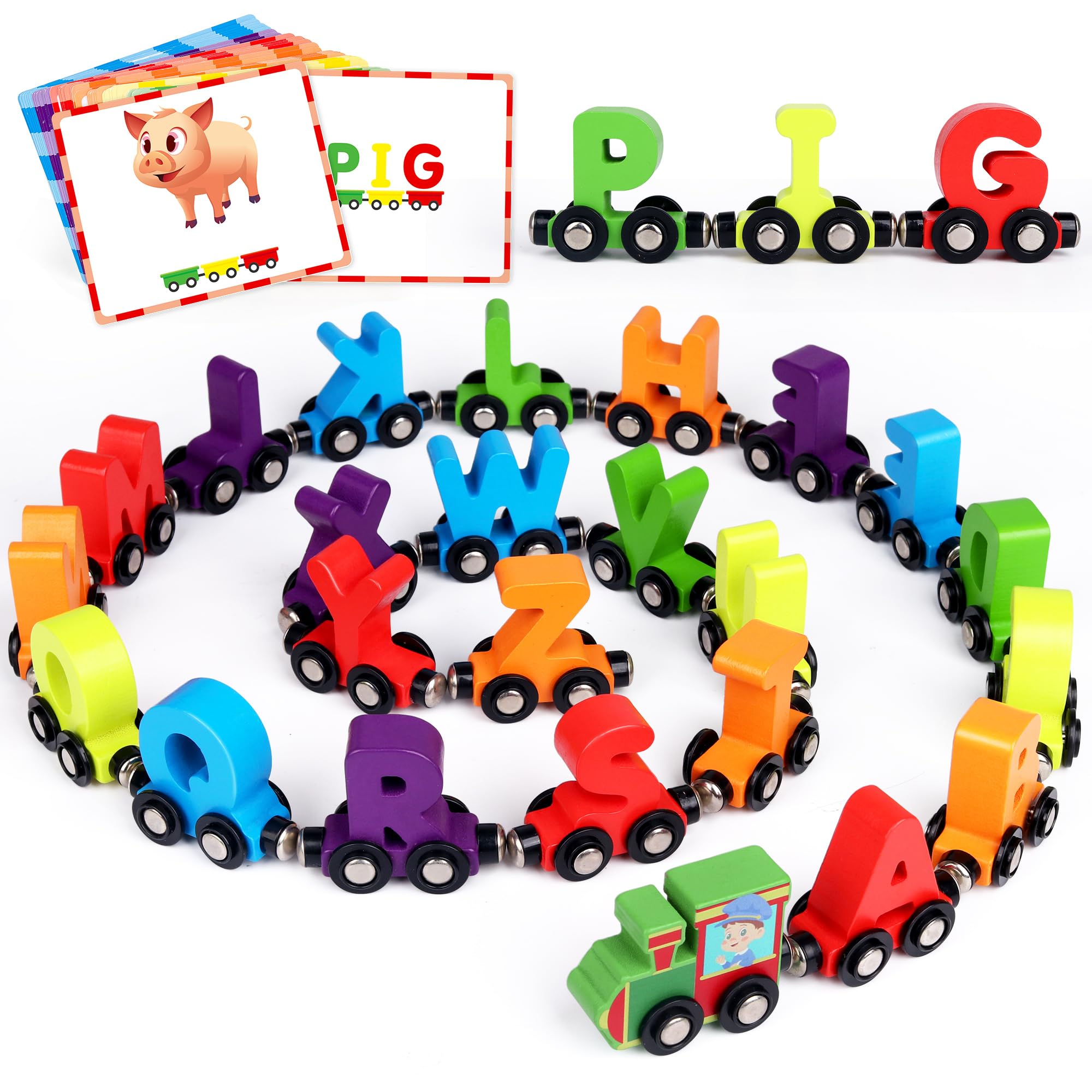 Helsort 27 PCS Magnetic Wooden Alphabet Train Set, ABC Learning Toy with 42 Flash Cards, 1 Engine and Storage Bag, Educational Letter Toy Trains for Toddlers, Boys Girls, Ideal Gift for 3-7 Year Olds