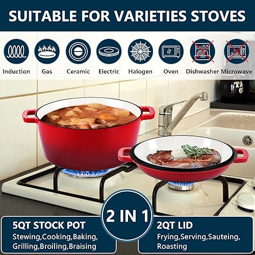 E-far 5 Quart Enameled Cast Iron Dutch Oven, 2 in 1 Dutch Oven Pot with Skillet Lid and Silicone Bread Sling, Ideal for Bread Baking, Cooking, Stewing, Frying, Induction & Oven Safe - Red - Thumbnail 4