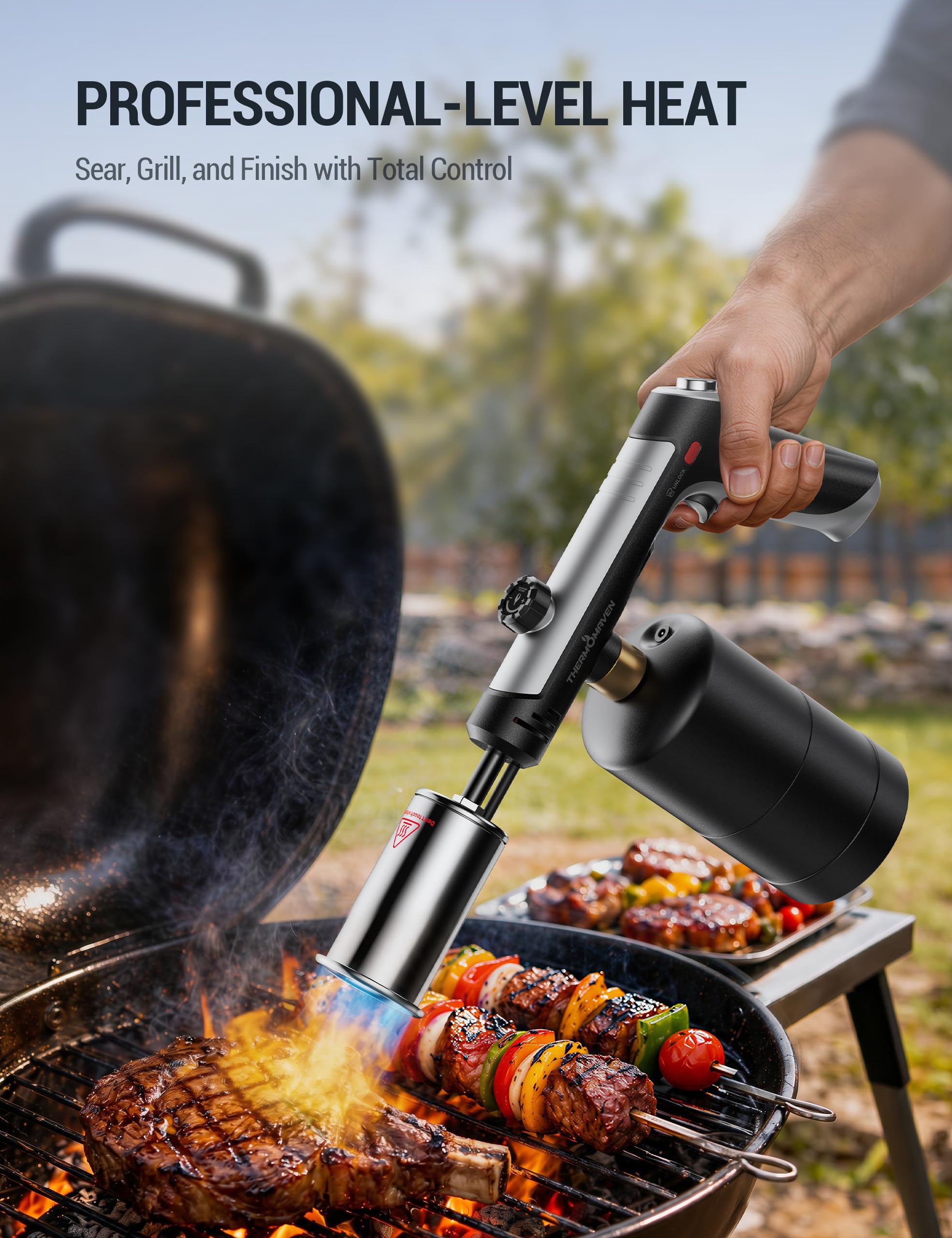 ThermoMaven Torche au propane avec feu One-Touch Max, pistolet de cuisson avec verrou de sécurité, briquet à charbon, lanceur de flamme, tête de torche de cuisine pour grill, sous vide, barbecue