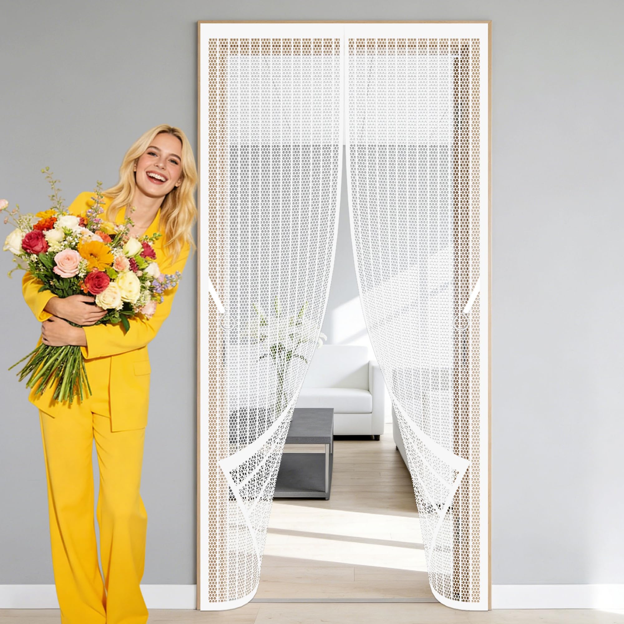 Magnetic Fly Screen 129 x 270 cm No Tools Installation Fly Screen Curtain Keep Fresh Air in Bugs Out for Living Room, Bedroom, Patio, White
