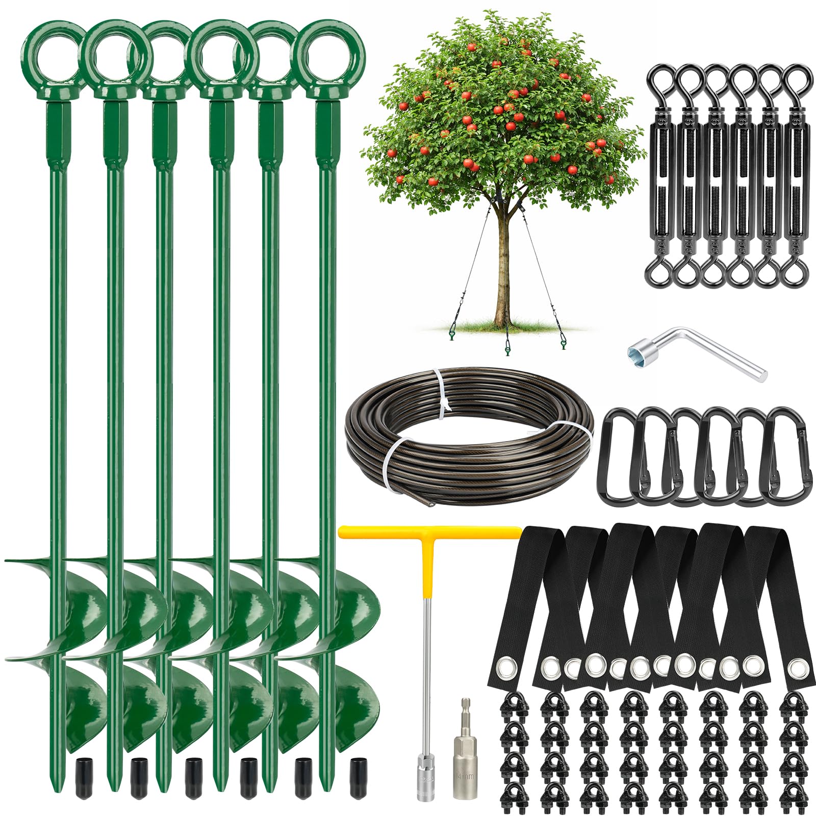 Baumpfähle und Stützen-Set, 6 Stück, spiralförmige Baumpfähle mit Gurten und Spannschlössern, Baumstützpfähle zum Anlehnen von Bäumen und jungen Bäumen