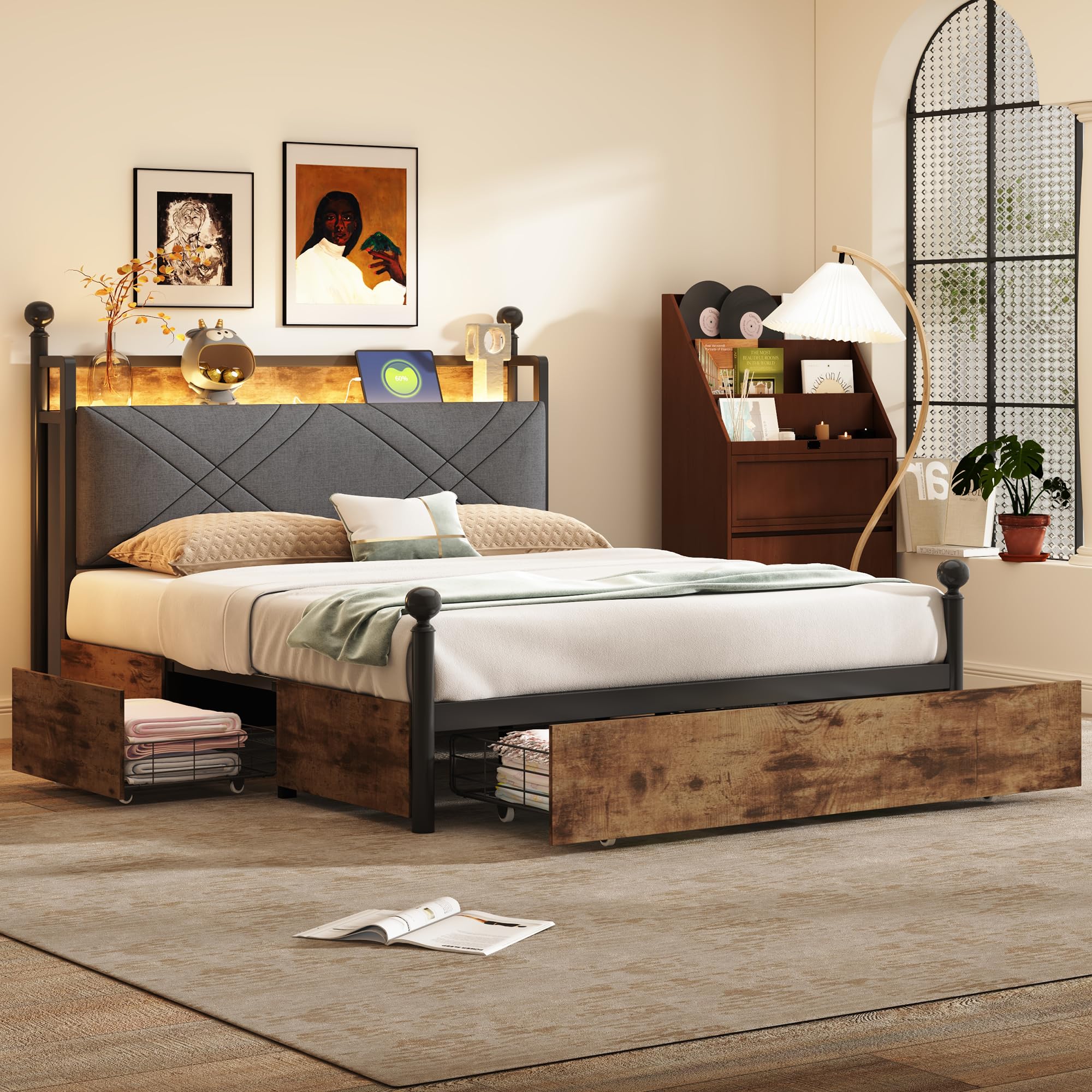 Lit double 140 x 190 cm noir – Lit en métal, lit avec espace de rangement, 3 tiroirs, baldaquin, lit à baldaquin, LED, USB, adultes et adolescents, charge maximale de 220 kg