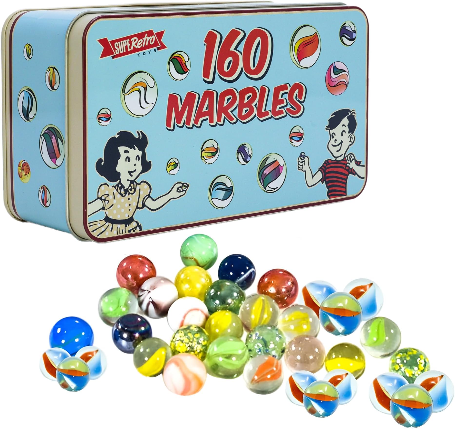 D.A.Y. Republic 160 Assorted Marbles in a Metal Storage Tin Box 3 Assorted Sizes - Fun and Retro Design, Nostalgic Traditional Cat's Eyes, Toys for Indoor and Outdoor Games, Colourful Glass Marbles