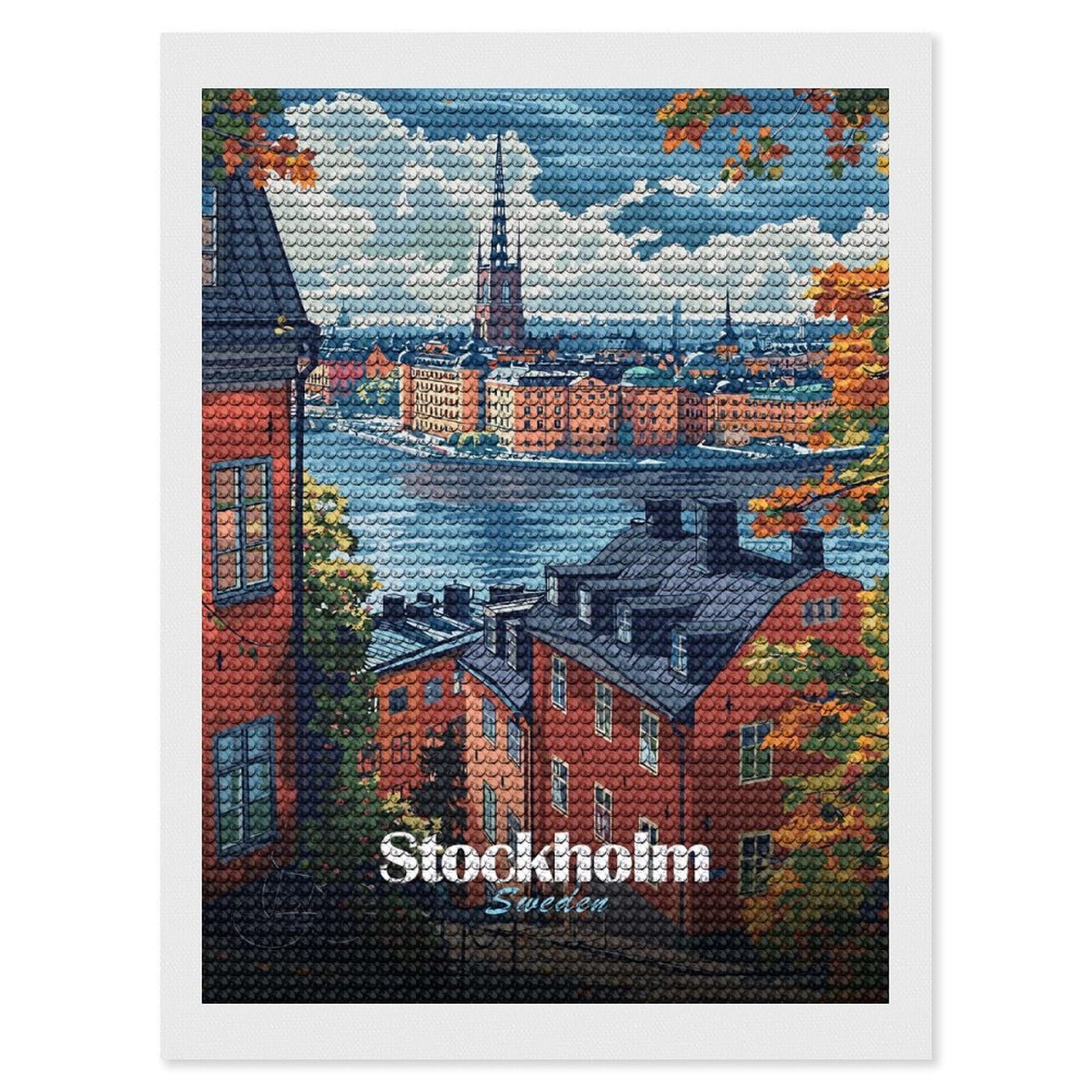 Junmoney Stockholm Cityscape Diamond Art Kit 12"x16", Relaxing DIY Hobby, Satisfying Creative Project, Living Room Decor, for Women