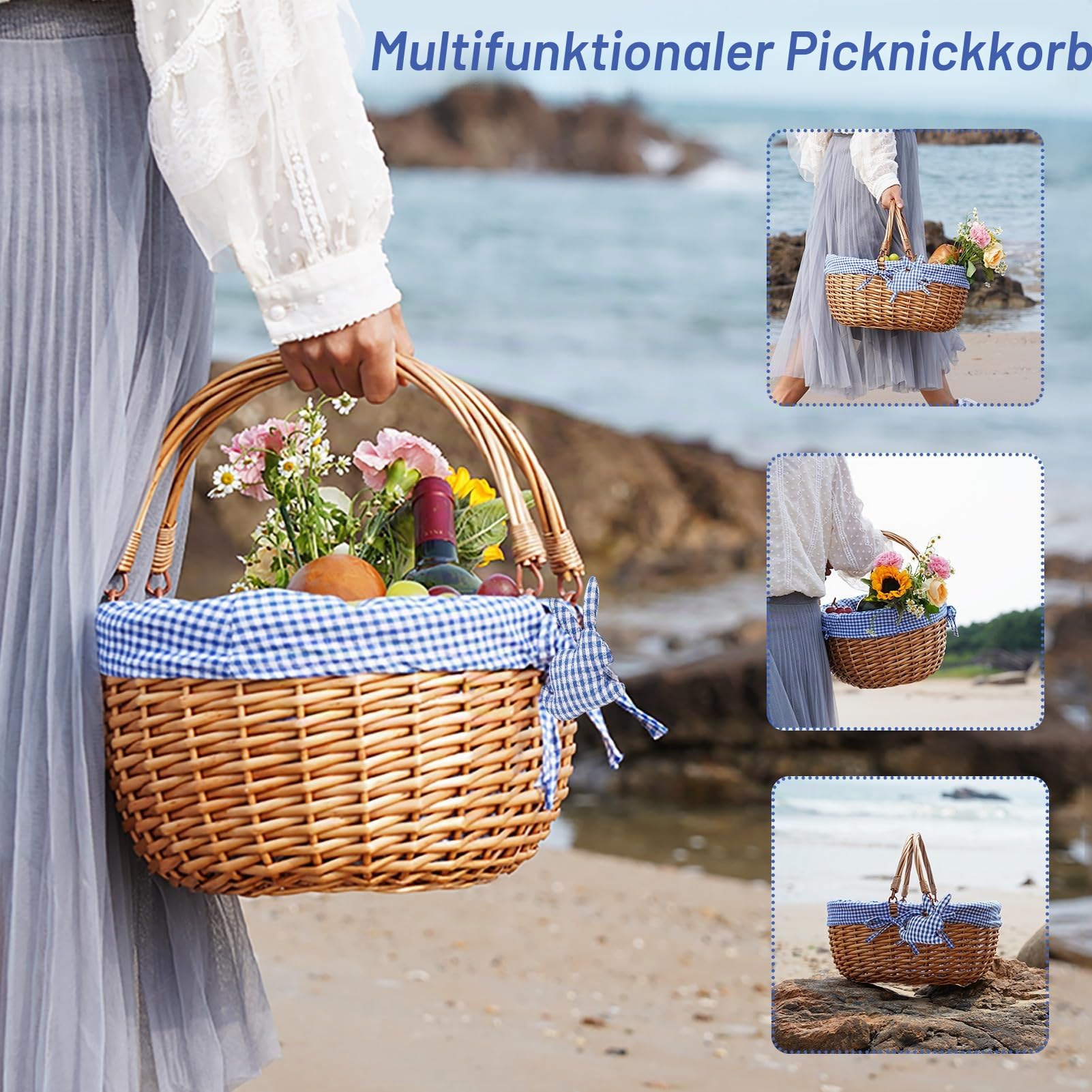G Good GAIN Weiden-Picknickkorb mit Doppelten, Faltbaren Griffen, Weiden-Picknickkorb, Handgewebter Osterkorb, Ostereier und Süßigkeitenkorb, Aufbewahrungskorb, Geschenkverpackung, Blau