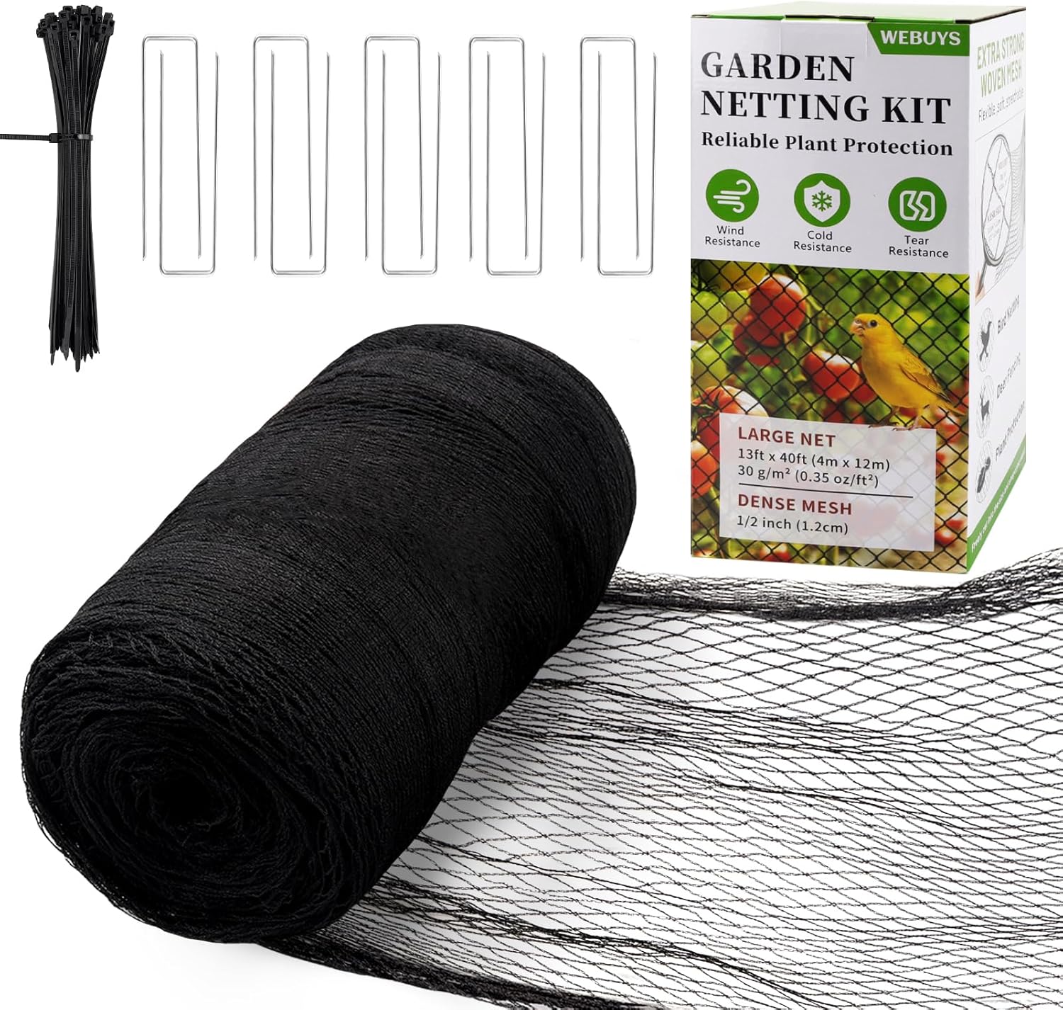 Bird Netting for Garden Protection - 13 x 40 FT Heavy Duty Poultry Bird Netting for Chicken Coop with Ties & Staples, Garden Net Mesh for Fruit Trees Plants Vegetables Against Birds Deer