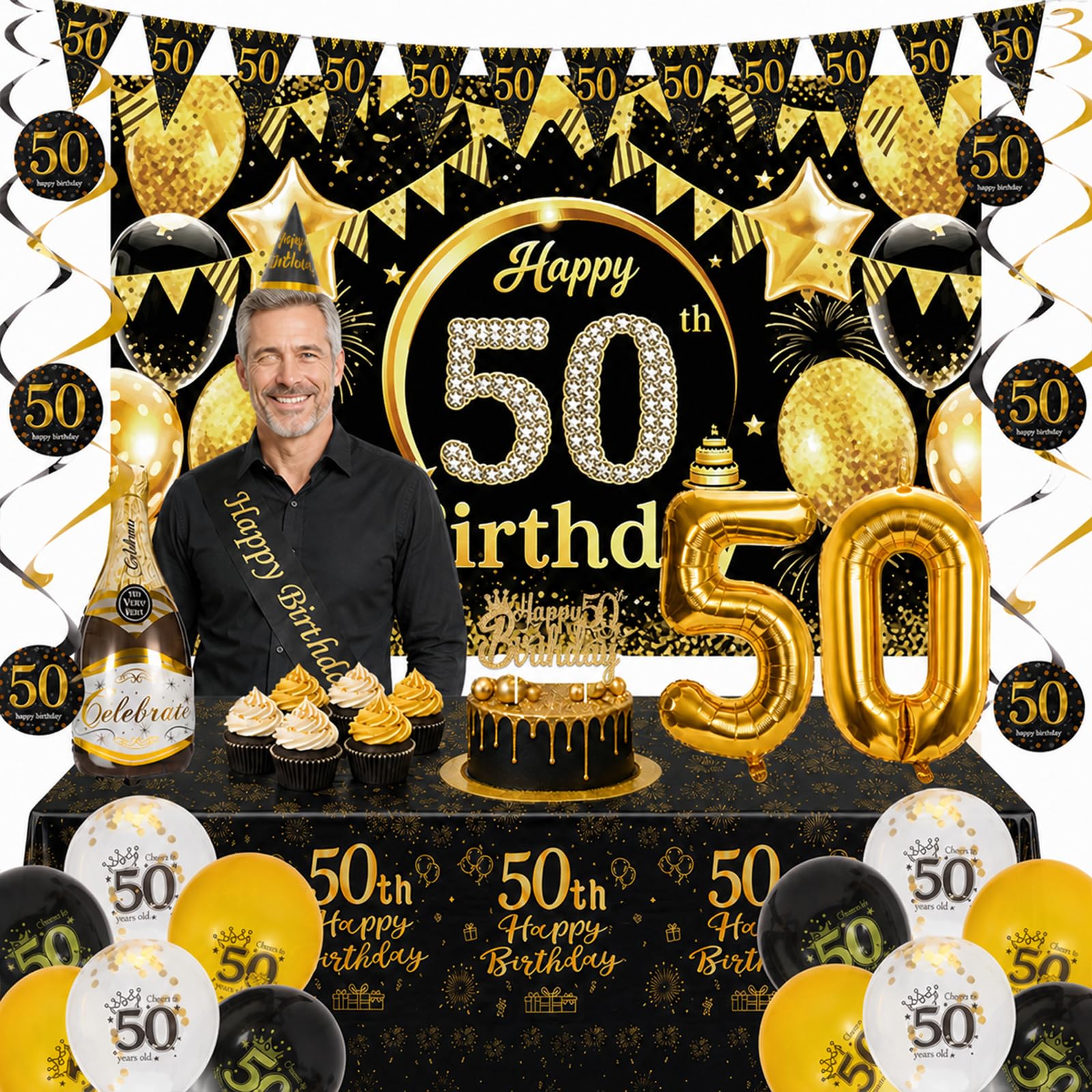 Bafeil 50th Birthday Decorations Black Gold Party Decor Set for Men Women