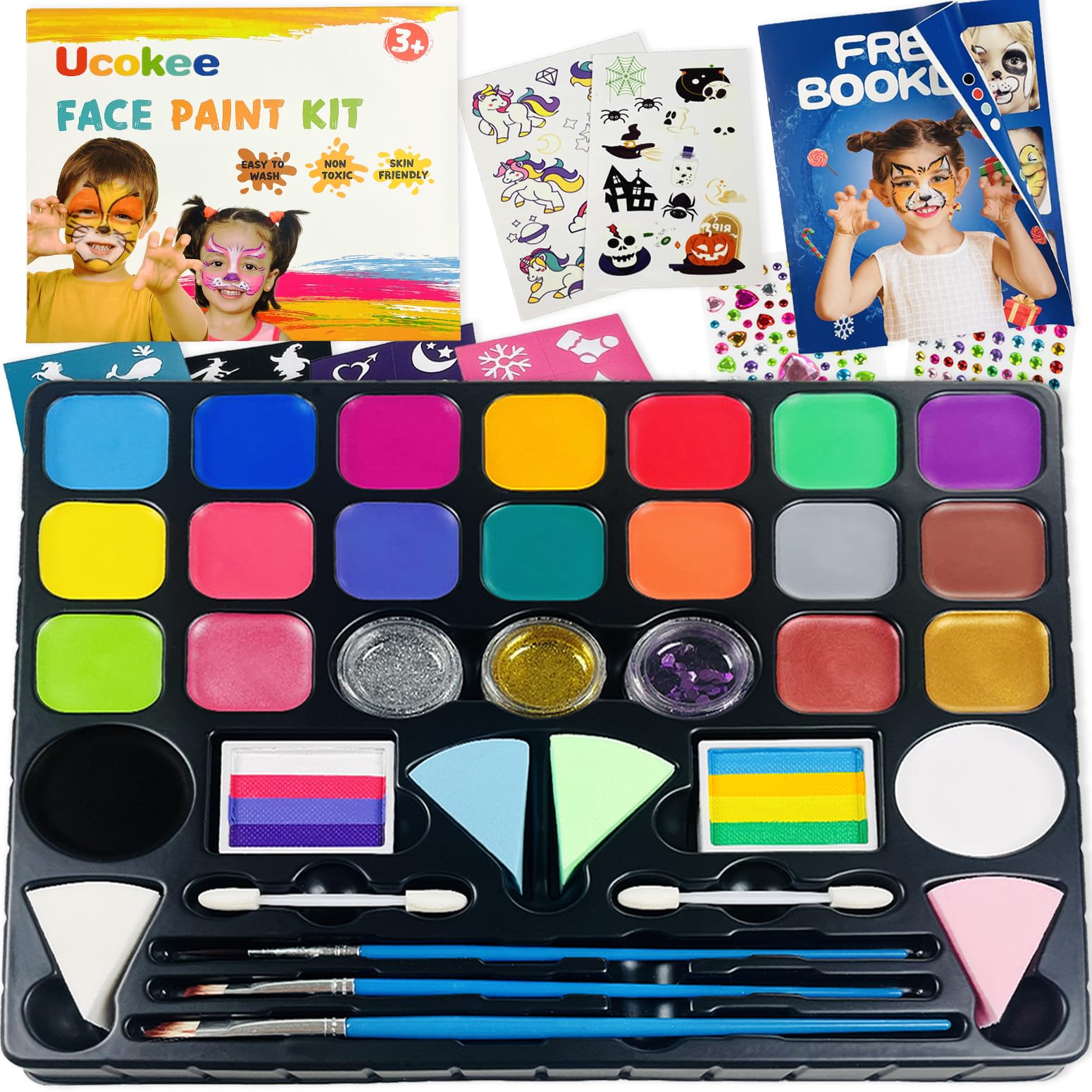 Ucokee Pinturas Cara para Niños, 20 Colores Pintacaras Infantil con 2 Barra Colores del Arcoiris, 2 Hojas Luminoso Tatuajes Pegatina, Folleto Tutorial y 4 Esponjas - Pintura Cara Halloween Carnaval