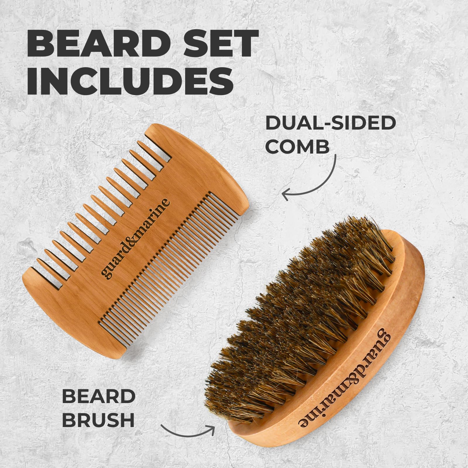 GUARD&MARINE Juego de cepillo y peine para barba, cepillo de madera de cerdas de jabalí naturales y kit de peine de madera de haya para el cuidado y modelado de barba y bigote de hombres (marrón)