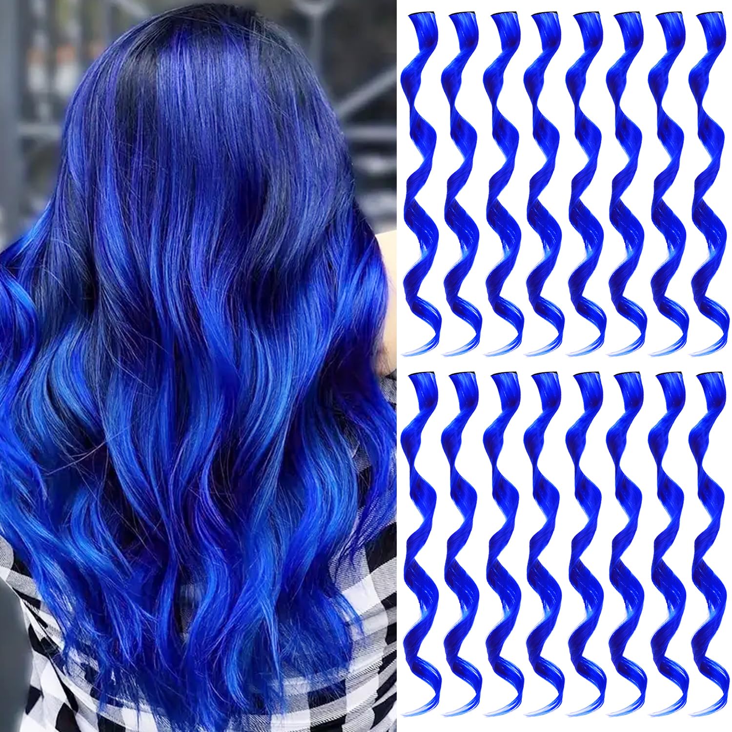 16 Pcs Colored Hair Extensions Curly Wavy Clip in Synthetic Hairpiece Streak for Girls Women Kid, Multi-colors Party Highlights Cosplay Festival Gift(Blue)