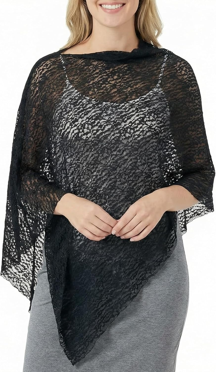 Cuffbow Women Lace Poncho Shrug Lightweight Cape Long Poncho Shrug Summer Sheer Cover-up Top Bolero Shawl for Evening Dress Black