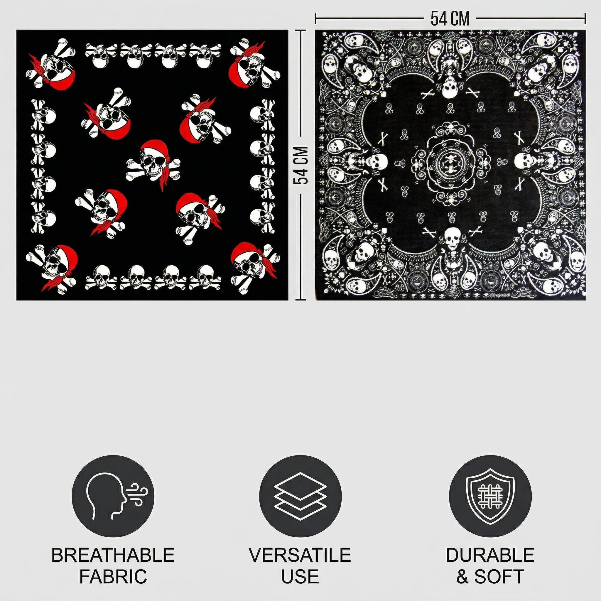 Bandana Pirata Calavera 2 Pack Pañuelo Multifuncional Algodón Moto Halloween Rojo Negro