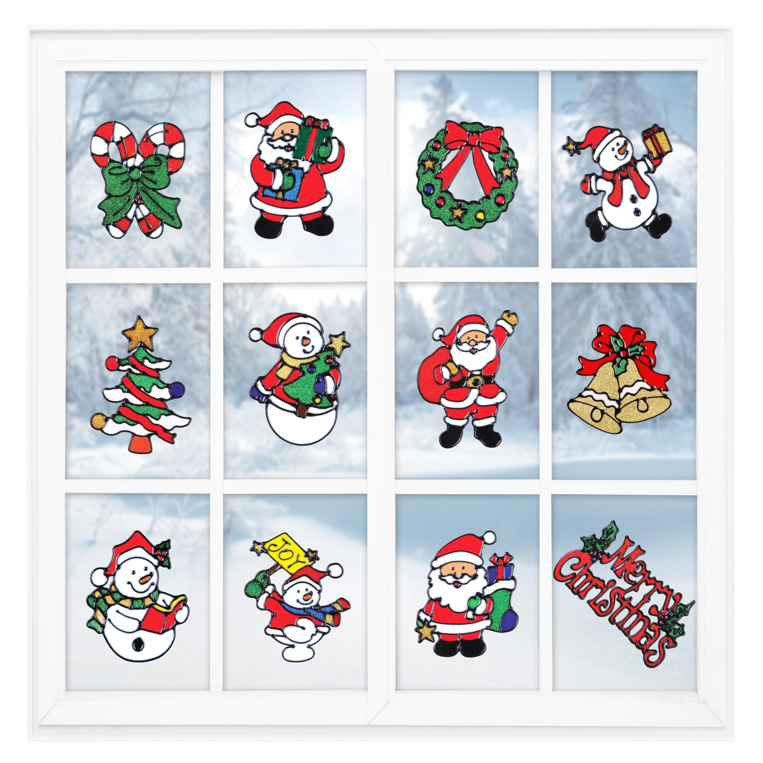 Christmas Decorations Window Clings Stickers for Glass 12 Pack - Winter Xmas Holiday Decor Vinyls Decals for Kids - Reusable Santa Claus, Snowman, Mirror, Wall and Door Stickers for Indoor and Outdoor