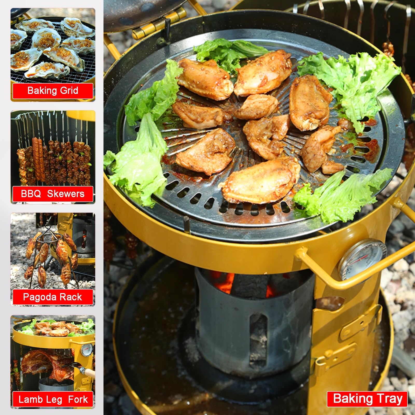 Barbecue a Carbonella 3 in 1 Resistente, Affumicatore, Fornello Sospeso Senza Fumo, Set Barbecue per Picnic All'aperto(Gray)