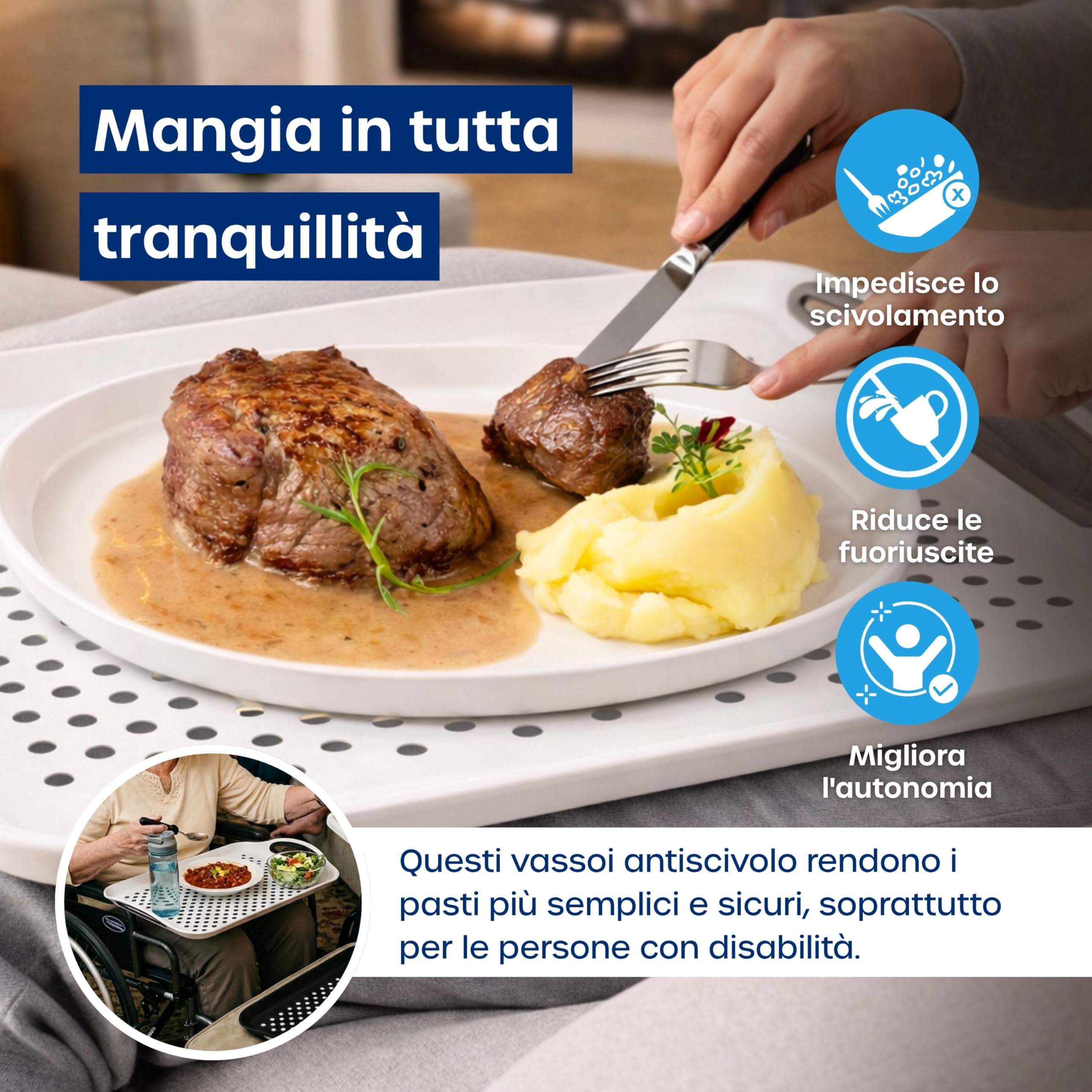 Volila Vassoio Antiscivolo (4 pezzi, 41 x 29 x 4,5 cm) - Vassoio da Servizio Bianco e Nero con Manico - Per Vassoio del Caffè e Alimentare