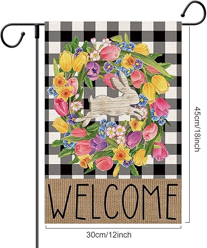 Miniatura 5 de Banderas de Pascua para exteriores 28 x 40 pulgadas bandera de primavera de doble cara corona de flores de tulipán de conejo decoración rústica al