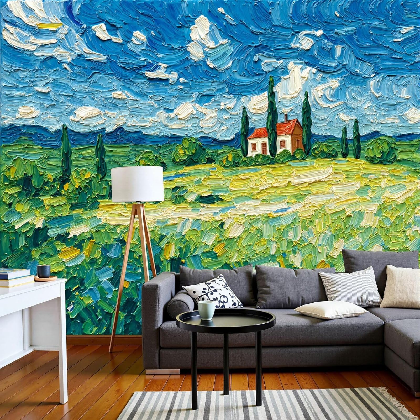 Non-woven photo wallpaper Cypress Fields 3D effect photo wallpaper oil painting pastoral landscape for living room bedroom, green wall wallpaper for wall decoration, 150cm x 105cm stickers - frameless