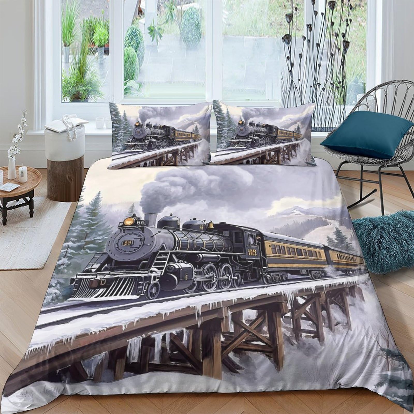 Ctjqhvkz Style-5 3D Printed Steam Train Fitted Sheet Microfiber Soft Grey Railway Bed Sheet Bedroom Decor Anti-Slip Machine Washable Single（135X200cm）