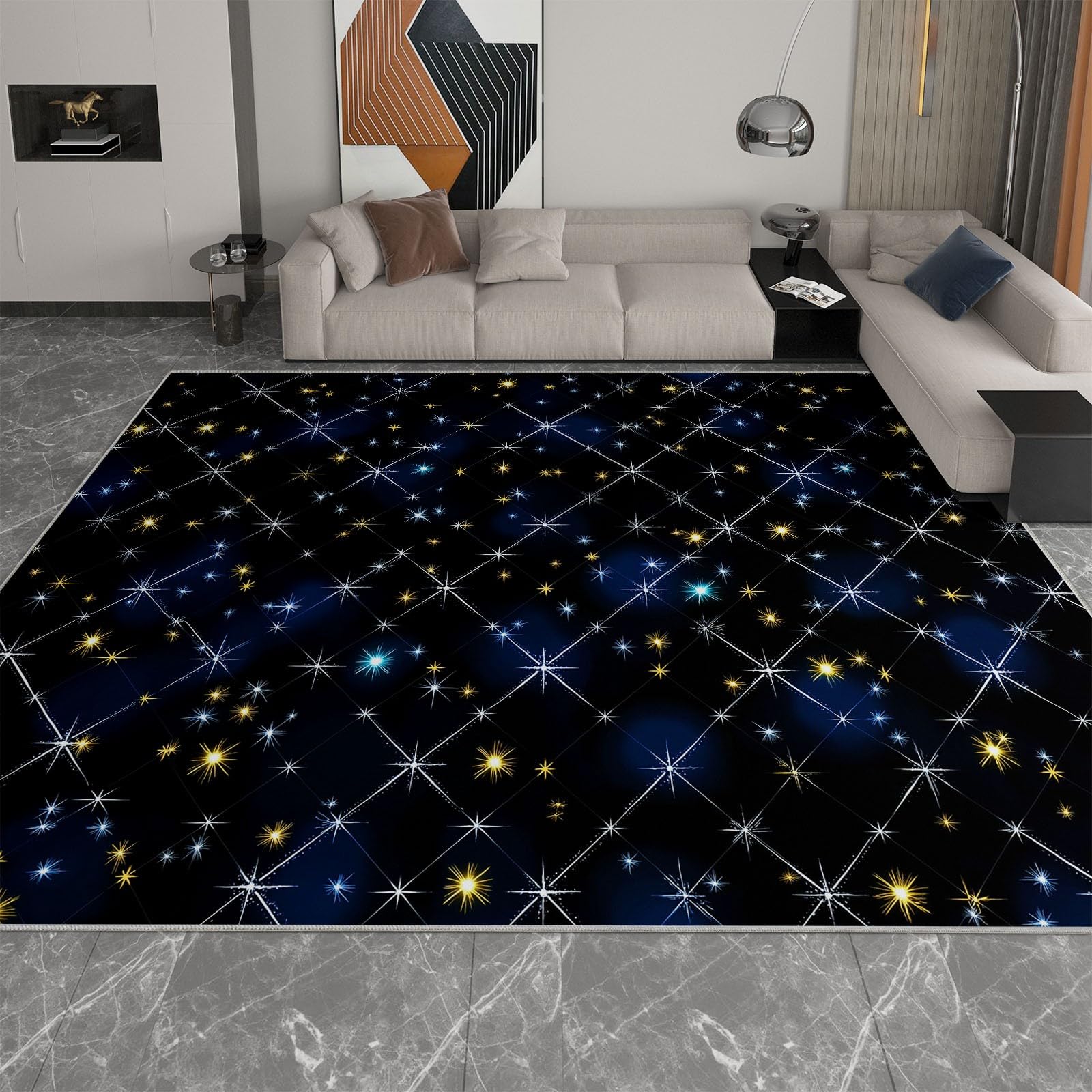 Generisch Waschbare Teppiche Pflegeleicht 90 x 150 cm Schwarz Cartoon Sternenhimmel Sterne Sternenlicht Pflegeleicht Teppich, Eingang Teppisch rutschfest Weich Kurzflor Kleiner Rugs für Flur Korridor