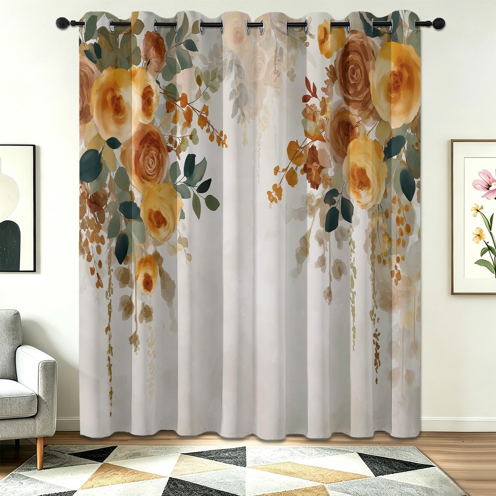 Rideaux aquarelle fleurs roses 70x240 cm lot de 2 pour salon et cuisine