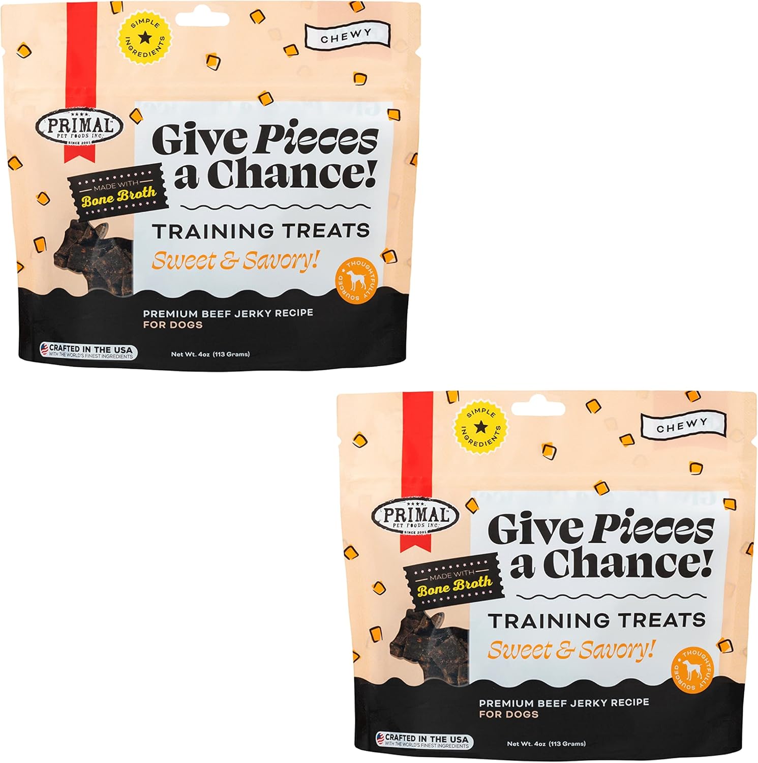 Primal Beef Jerky Dog Treats Made with Beef Bone Broth, Give Pieces a Chance, Training Treat for Dogs, 4 oz (Pack of 2)