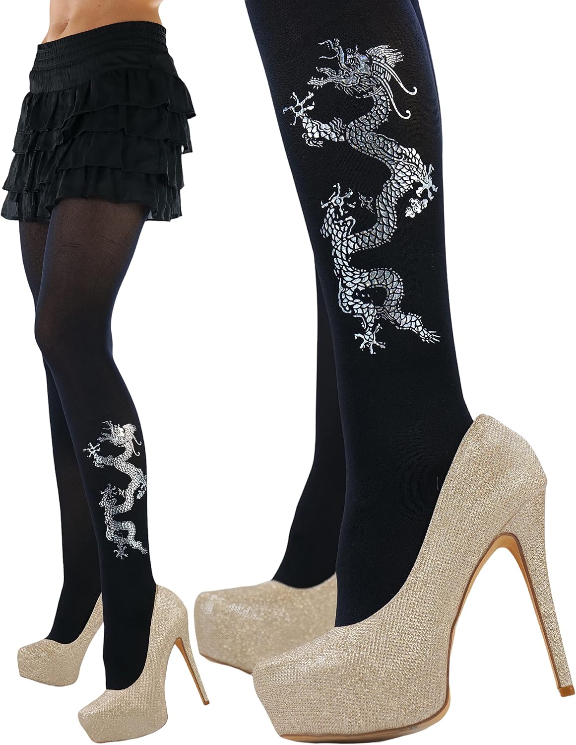 ToBeInStyle Women’s Opaque Pantyhose Tights w/Silver Metallic Dragon Print