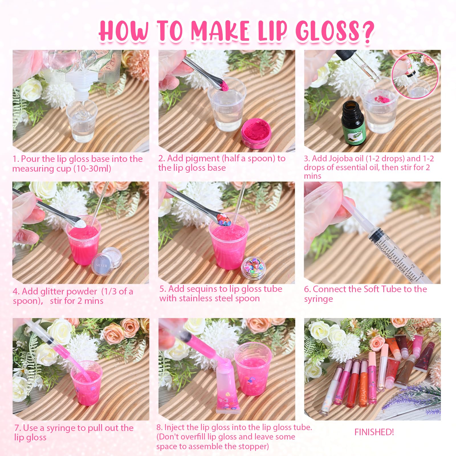 Kit de fabricación de brillo, JUYRLE Lip Gloss Making Kit DIY Aceite de Labios, Creativo Bricolaje Adulto DIY Set de fabricación, Chica Lipgloss Set divertido de regalo de maquillaje para las mujeres