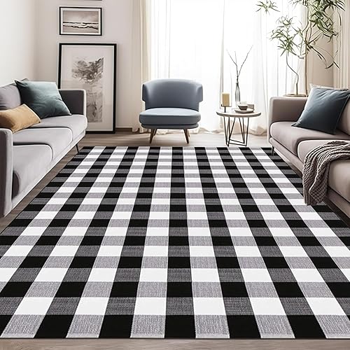 Miniatura 6 de YINMEIJU Buffalo - Alfombra a cuadros de 5.5 x 7.5 pies, color blanco y negro, lavable de algodón tejido para interiores y exteriores, para granja,