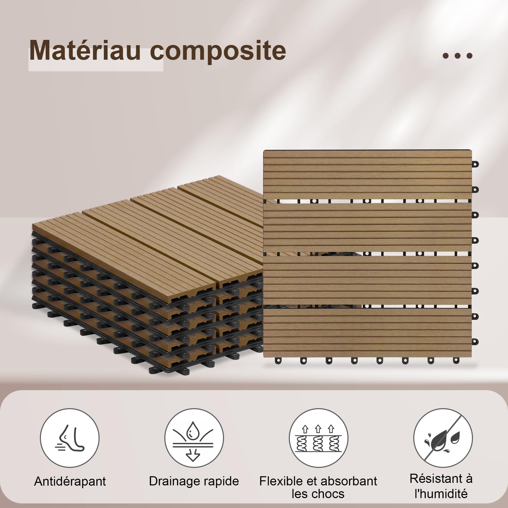Laneetal Lot de 11 Carreaux de Terrasse à Lattes en WPC, Dalle de Terrasse Clipsable en Composite à Emboîtement, Carreaux Extérieur pour Jardin, Patio, Balcon, 30x30cm, Brun clair