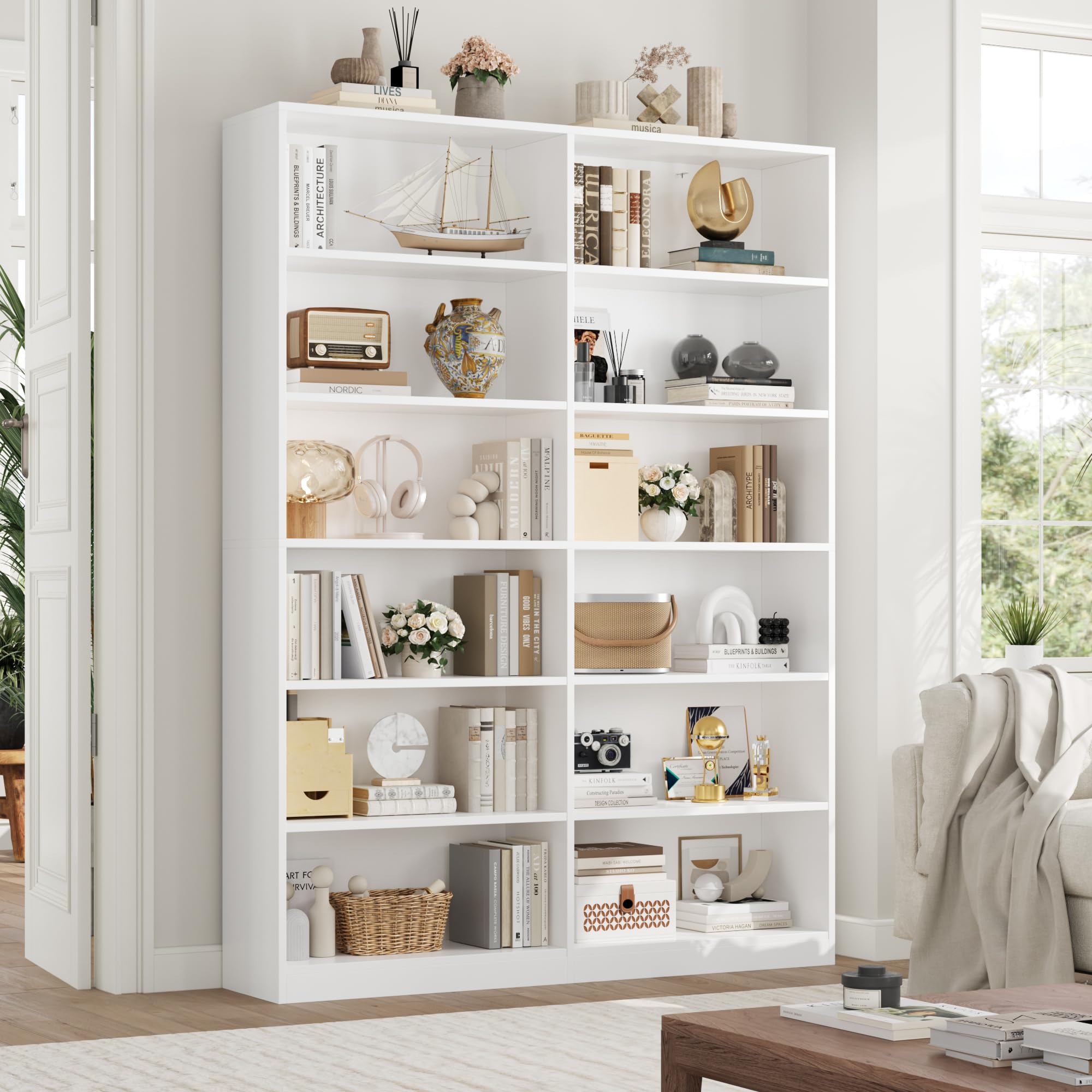 FirFurd Estanteria Libros con 12 Compartimentos, Libreria Estanteria | Estanteria Salon, Librerías Salón, Mueble Almacenaje para Libreria, Oficina, Estudio, Blanco, 120x30x188,7cm