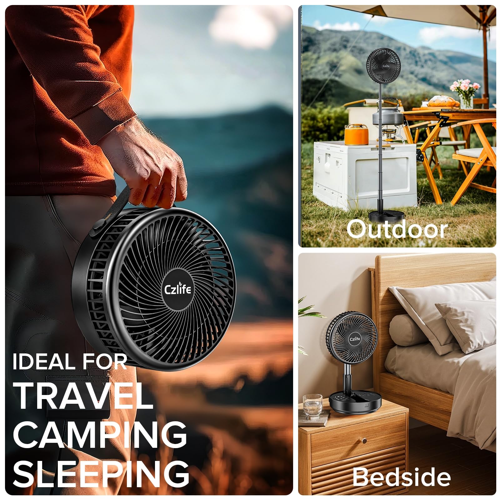 Czlife F9 Ventilador portátil, 10000 mAh, recargable, alimentado por batería para viajes, dormir, camping, dormitorio, al aire libre, escritorio de suelo, ventilador USB inalámbrico con control remoto