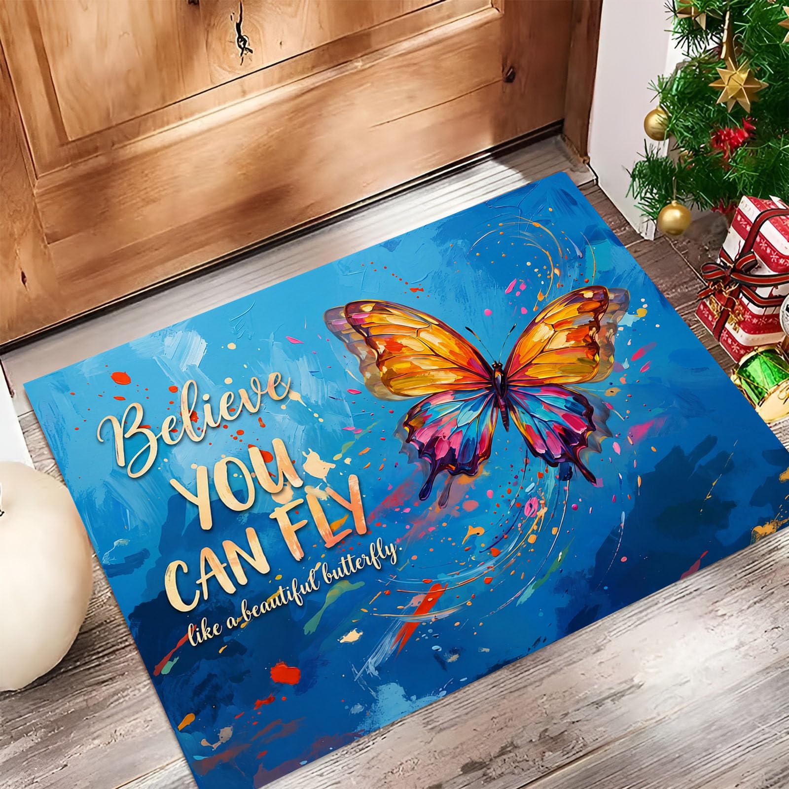 Zerbino Ingresso Interno Animali Farfalla Graffiti, Zerbino Di Benvenuto Lavabile Morbida Slogan Motivazionale, Antiscivolo Tappeto Da Decorazioni Blu Per Casa Porta, 60X90Cm
