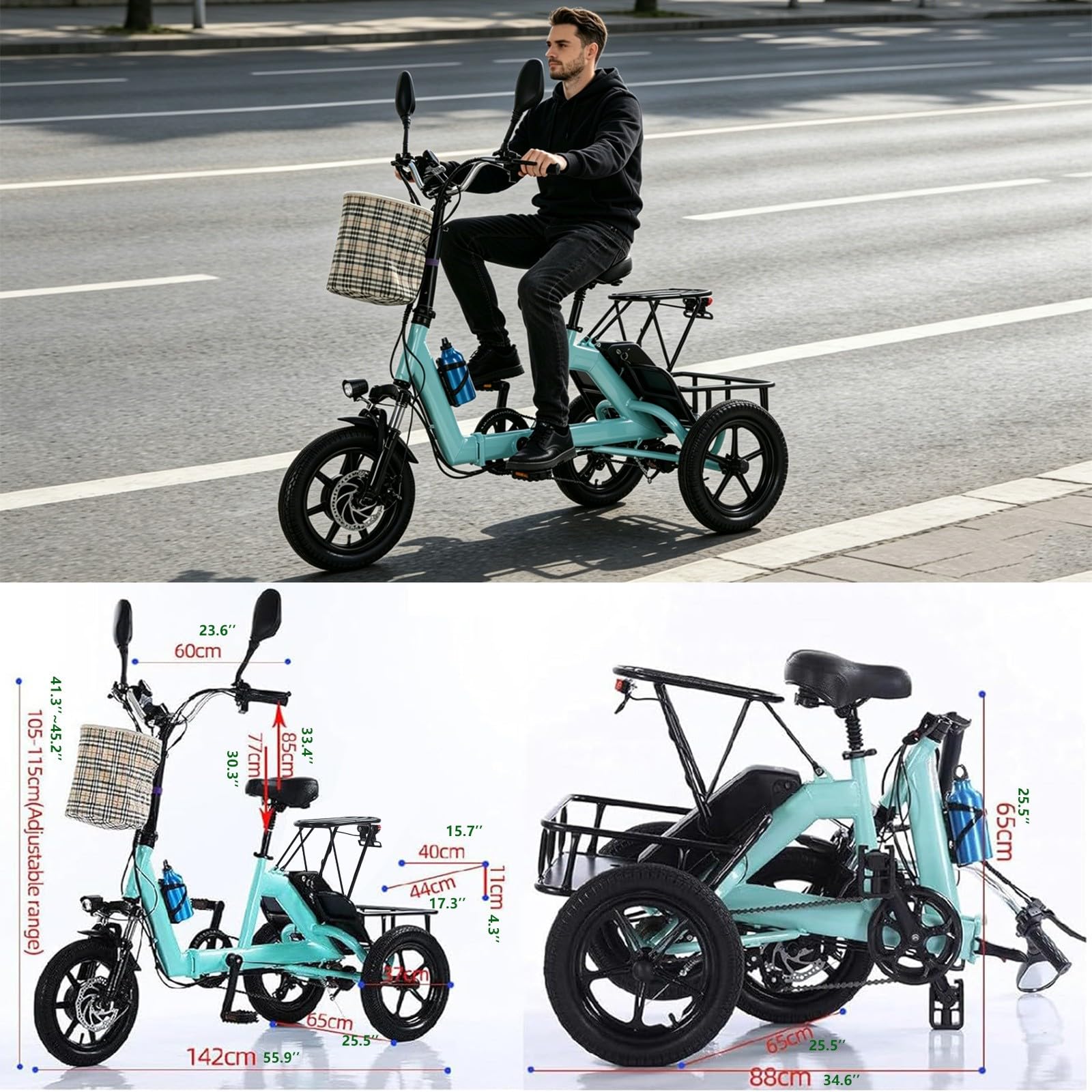 Tricycle électrique Adulte 48V Pliable, vélo Cargo, Batterie Amovible, Freins à Disque Doubles, Suspension, Panier Avant, Porte-Bagages arrière, Bleu