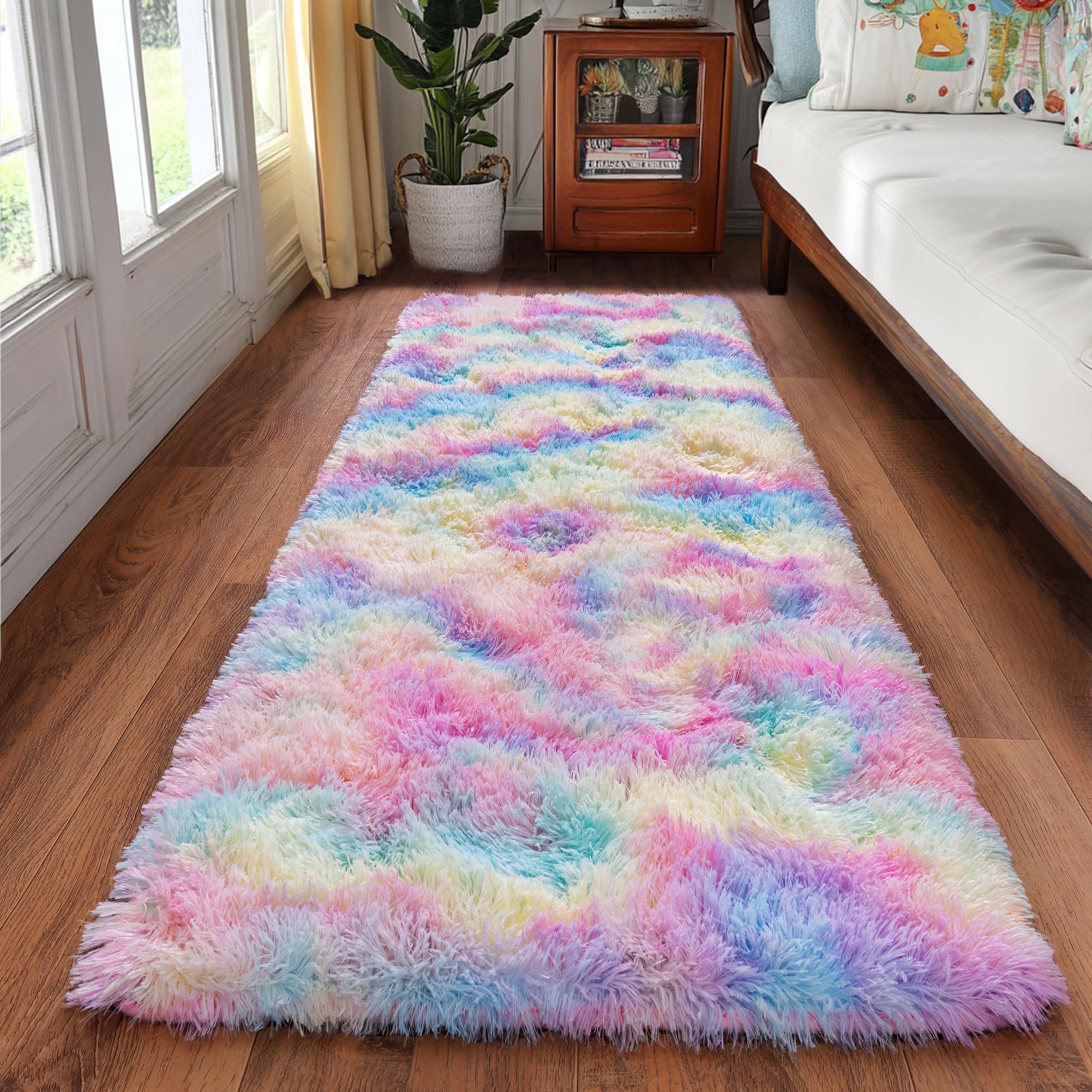 Quntue Rainbow Runner Rugs for Bedroom, 2x6 Rug Runners for Cute Girls Room, Bedside Indoor Floor Fluffy Shag Carpet, Plush Soft Rug for Nursery Dorm Kids Home Decor — image 1
