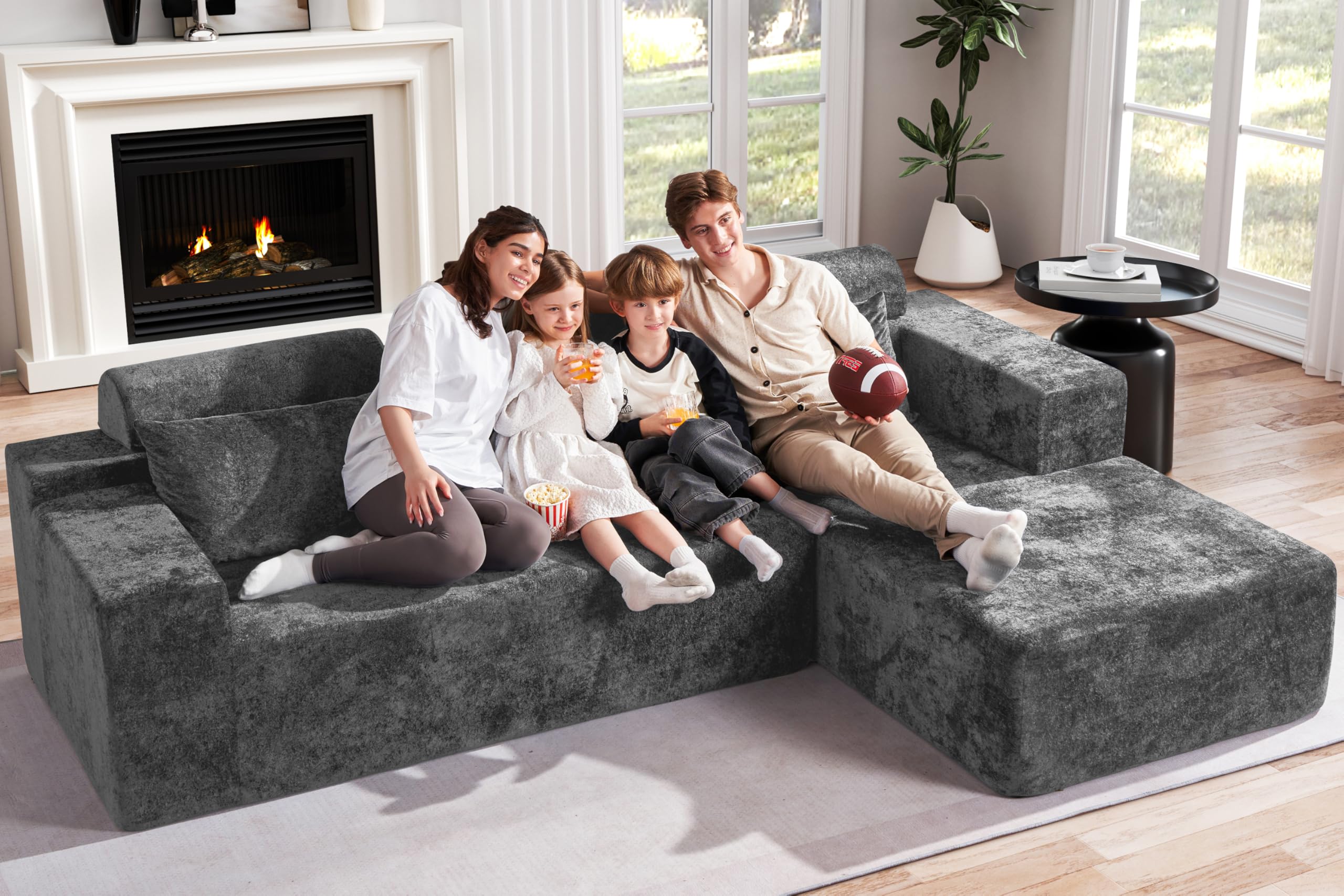 Sofás modulares seccionales para sala de estar, sofá nube de 105 pulgadas con diván en forma de L, cómodo sofá de sala de estar con asiento profundo, sofá en L sin montaje, terciopelo 7