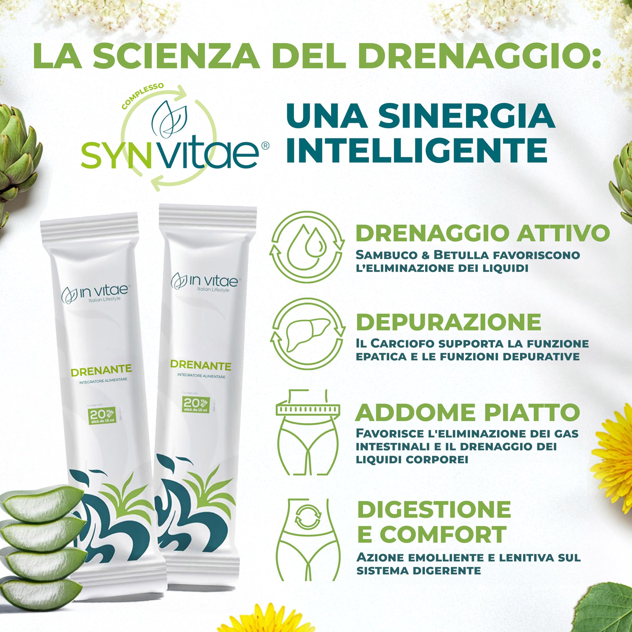 IN VITAE Drenante Forte - Integratore con Aloe, Tarassaco, Betulla, Carciofo e Sambuco - Supporto al Drenaggio dei Liquidi Corporei e Funzioni Depurative - 20 Stick Gel - Made in Italy