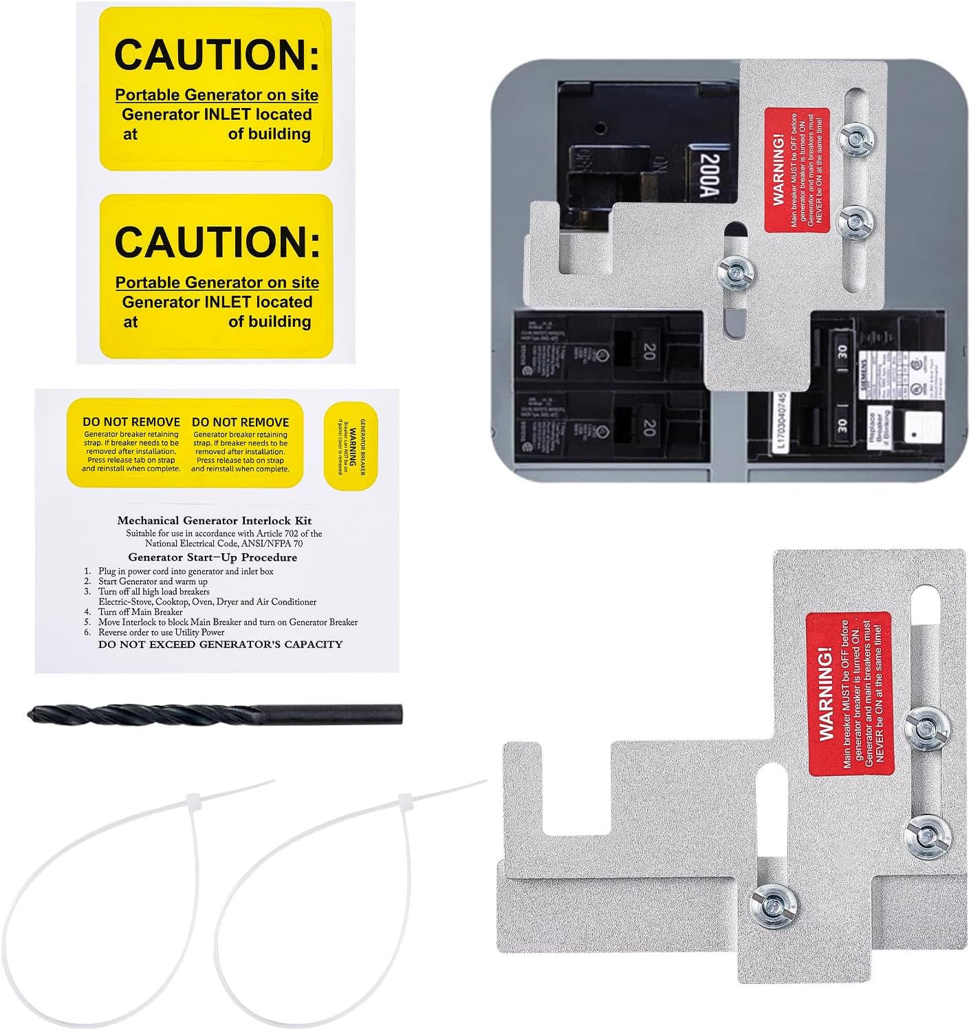 Generator Interlock Kit Compatible with Murray or Siemens 150 amp or 200 amp Panels, 7/8-1 1/4 Inch Spacing Between Main and Branch Breaker for Safe Usage of Portable Power During Outage