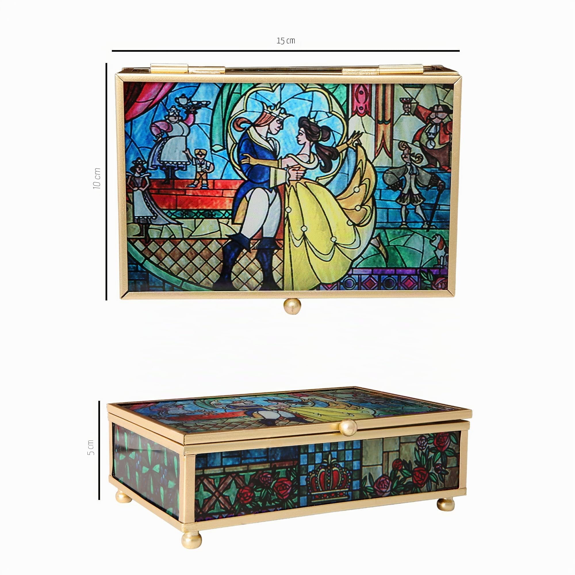 Disney Joyero de la Bella y la Bestia de la Princesa - Joyero de cristal con vitral Bella y el Príncipe