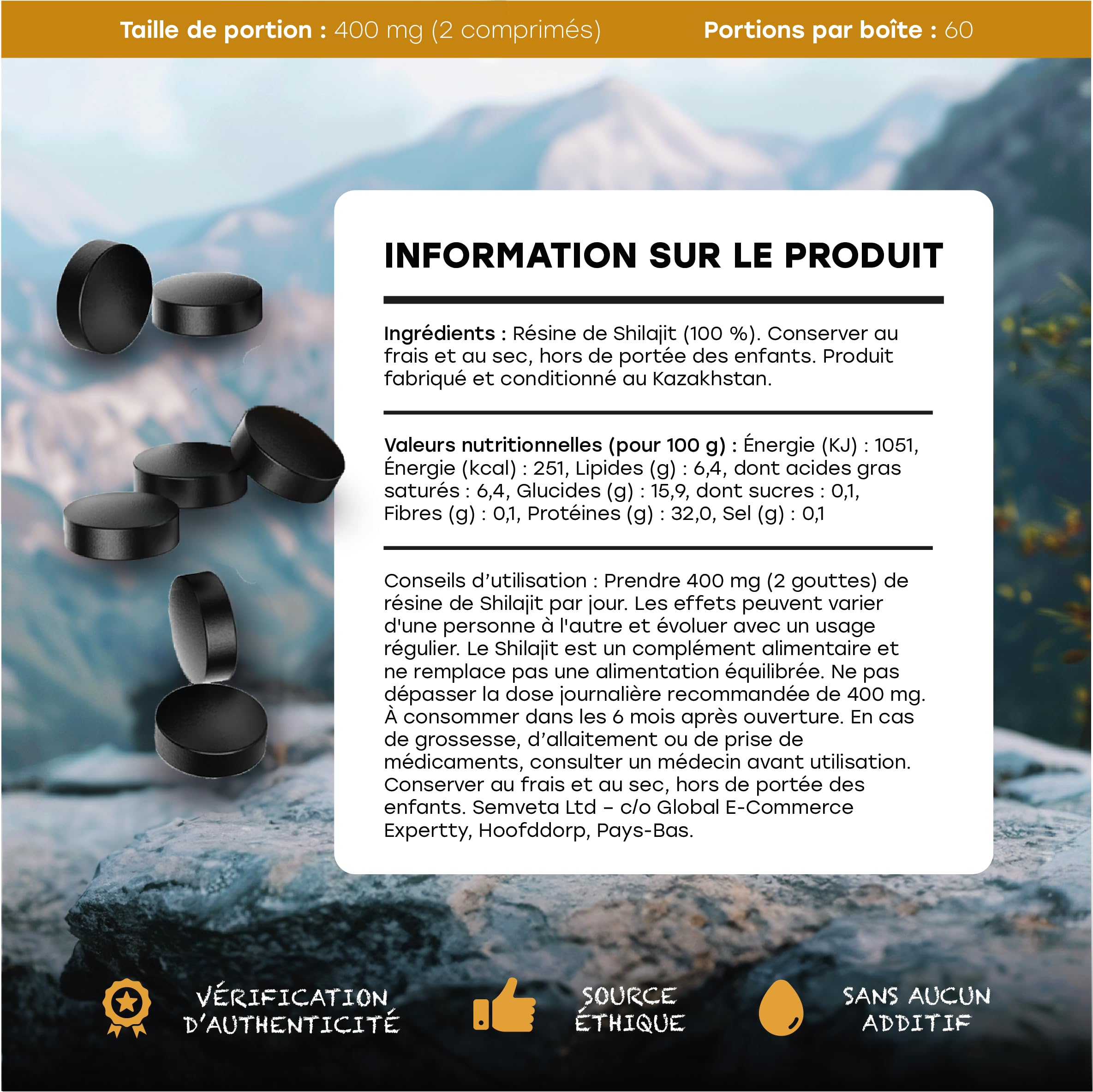 Comprimés De Shilajit Originel – 120 Comprimés, 400 Mg Par Portion – Résine De Shilajit Pure – Riche En Acides Fulviques Et Humiques – 100% Pur