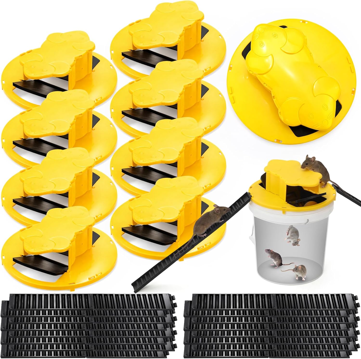 Qualirey 8 Pcs Bucket Lid Mouse Trap 5 Gallon Mouse Rat Traps Reusable Bucket Trap for Mice and Rats Buckets Lid Rat Traps Mice Catching Tool for Indoor Outdoor, 5 Gallon Buckets Compatible