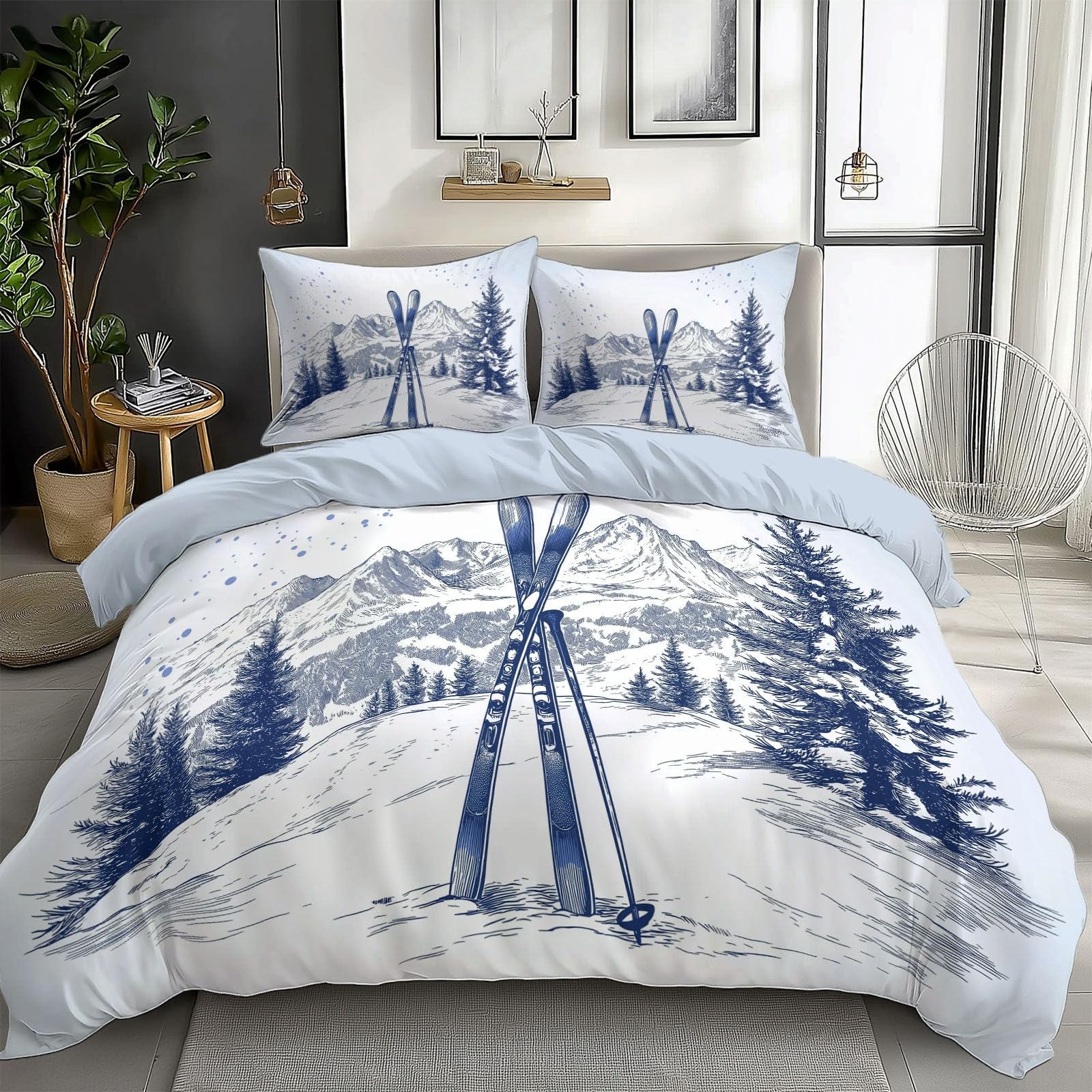 Zestaw pościeli 135/150 ręcznie rysowana stacja narciarska miękka deska snowboardowa poszewki na kołdrę 220x240cm i 2 poszewki na poduszki 50x75cm, błękitna pościel 3 sztuki, poszwa na kołdrę z