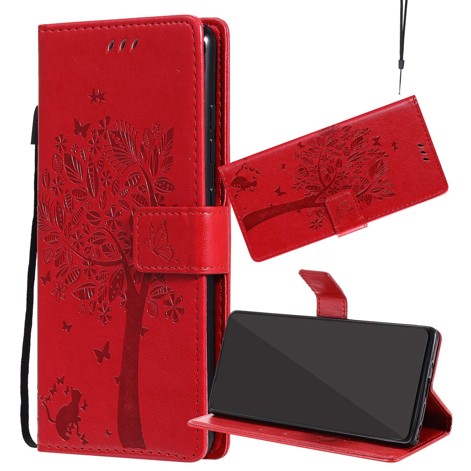 Protective Case for Nokia 1 Plus Case Premium Leather Flip Wallet Cover Bumper Slim Fit Lightweight Shell Pouch with Media Kickstand & Card Slots Design (Red)