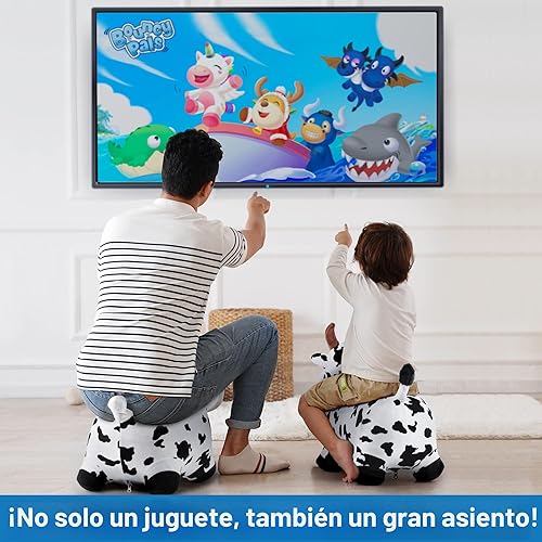 Vista 6 de iPlay, iLearn Bouncy Pals Caballo Saltarín, Juguetes de Vaca Inflable para Niños Pequeños, Animal Saltarín para Montar, Juguetes de Felpa