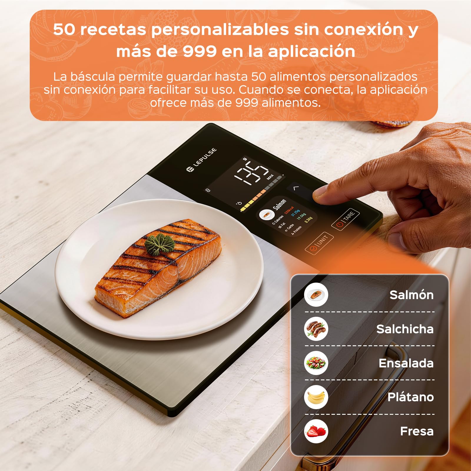 Lepulse Báscula Cocina, 24 Nutrientes, Pantalla TFT Color, 50 Offline scale | Bascula Cocina Digital de Acero Inoxidable con Cálculo Nutricional, Análisis de Nutrientes, Función sin Conexión (Offline)