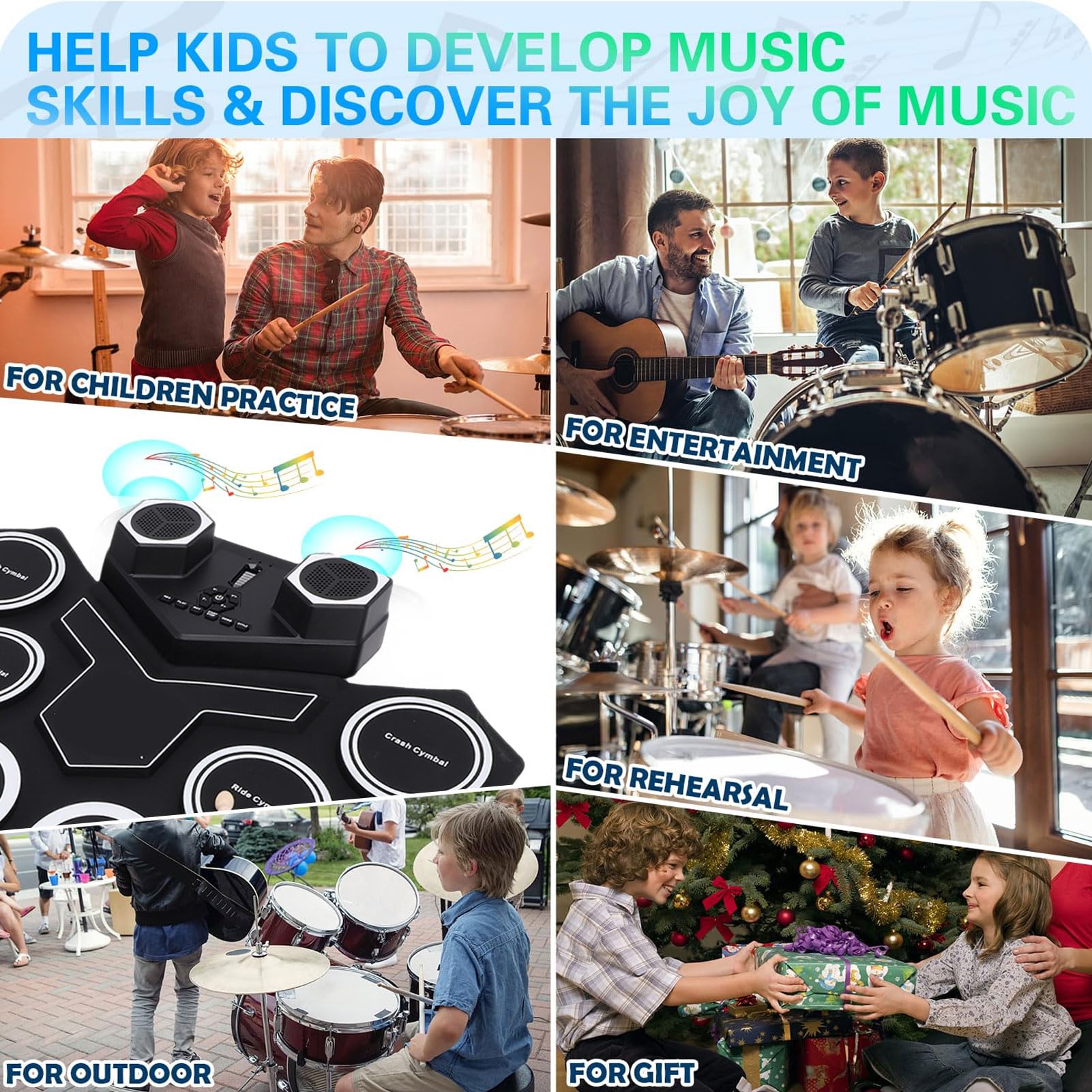 Fockety Pad per Esercitazione per Batteria, Set di Batteria Elettrica per Bambini con 2 Pedali e 2 Bacchette, Doppi Altoparlanti Incorporati, Pad per in Silicone Kit per