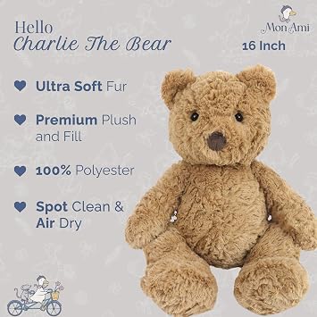 MON AMI Charlie The Bear Plush Toy, 16-Inch Soft Cuddly Stuffed Animal