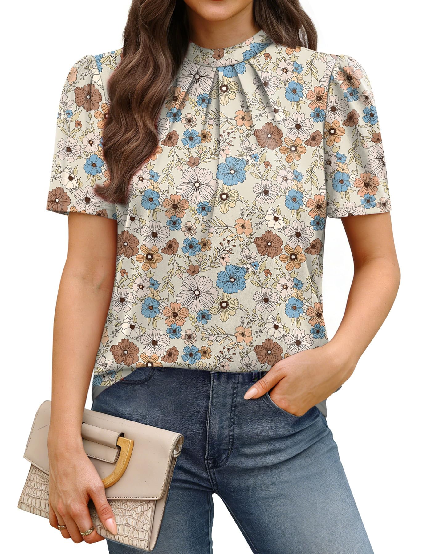 WIHOLL Womens Tops Short Puff Sleeve Shirts Mock Neck Pleated Spring Blouses Dressy Casual Business Casual Summer Outfits — view 15