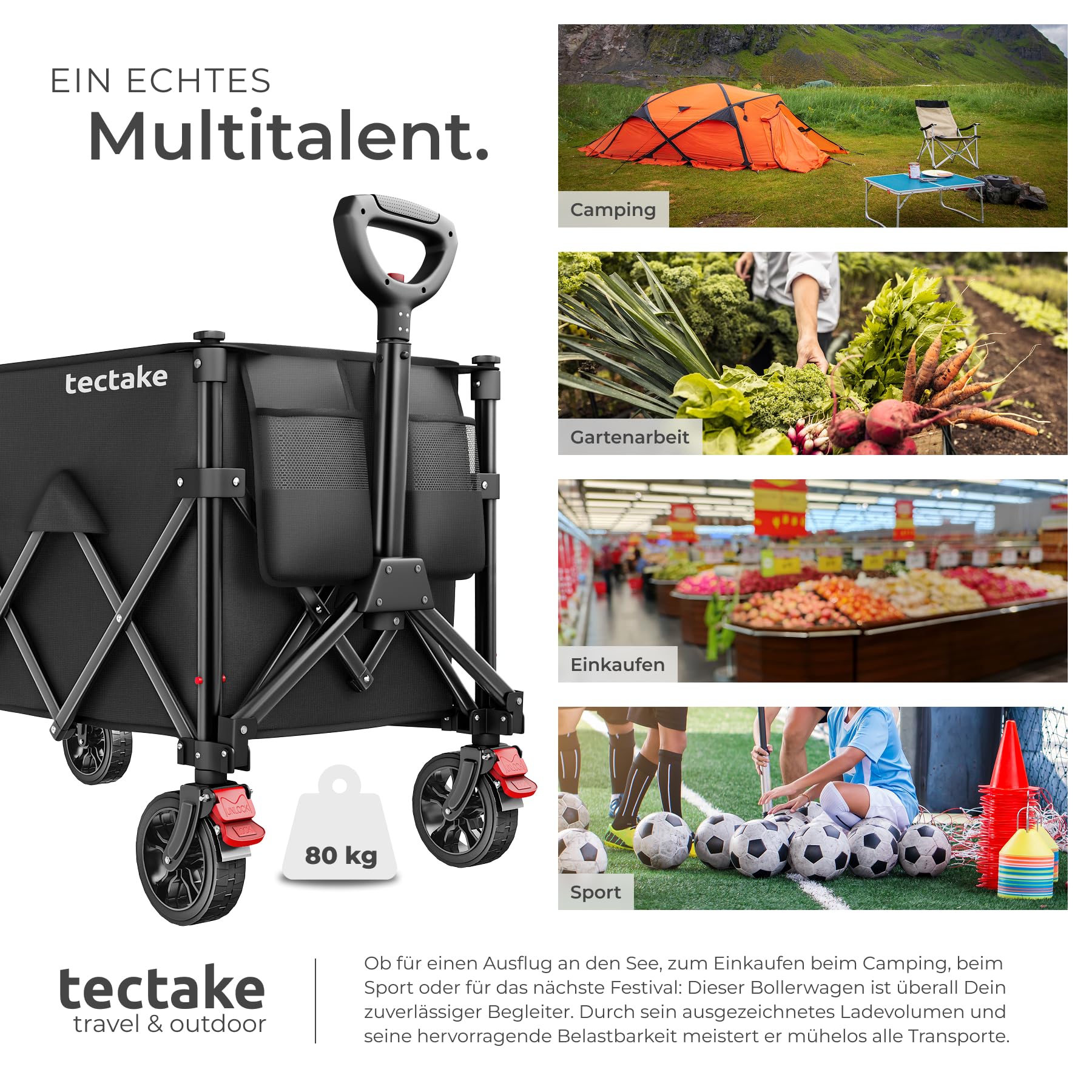 tectake® Bollerwagen faltbar, Transportwagen klappbar, Transporter mit Teleskopgriff und Rückholmechanismus, Profil Kunststoffräder mit Bremse, mit Plane und Einlegebogen, Belastbarkeit 80 kg - 120 L